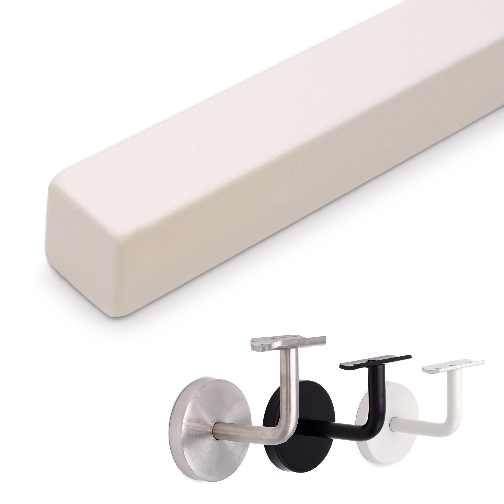 Main courante carrée en hêtre blanc, extrémité aux arêtes arrondies, avec supports de main courante inox, noir et blanc