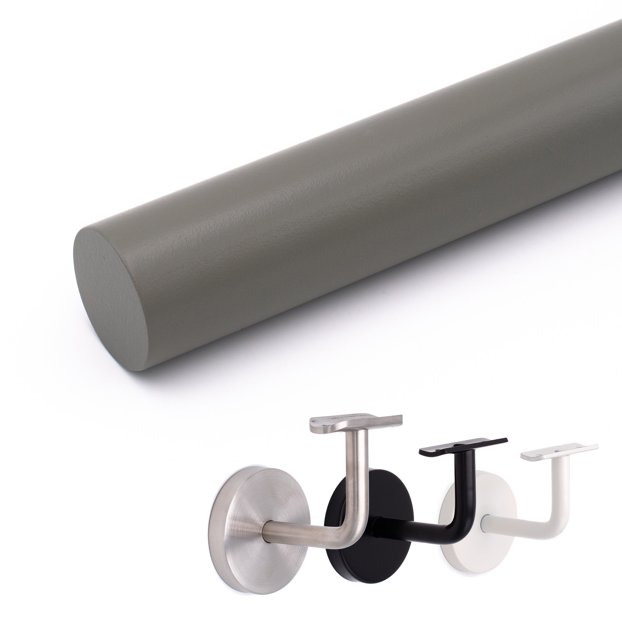 Main courante ronde en hêtre gris, extrémité coupée droite, en dessous supports inox, noir et blanc au choix