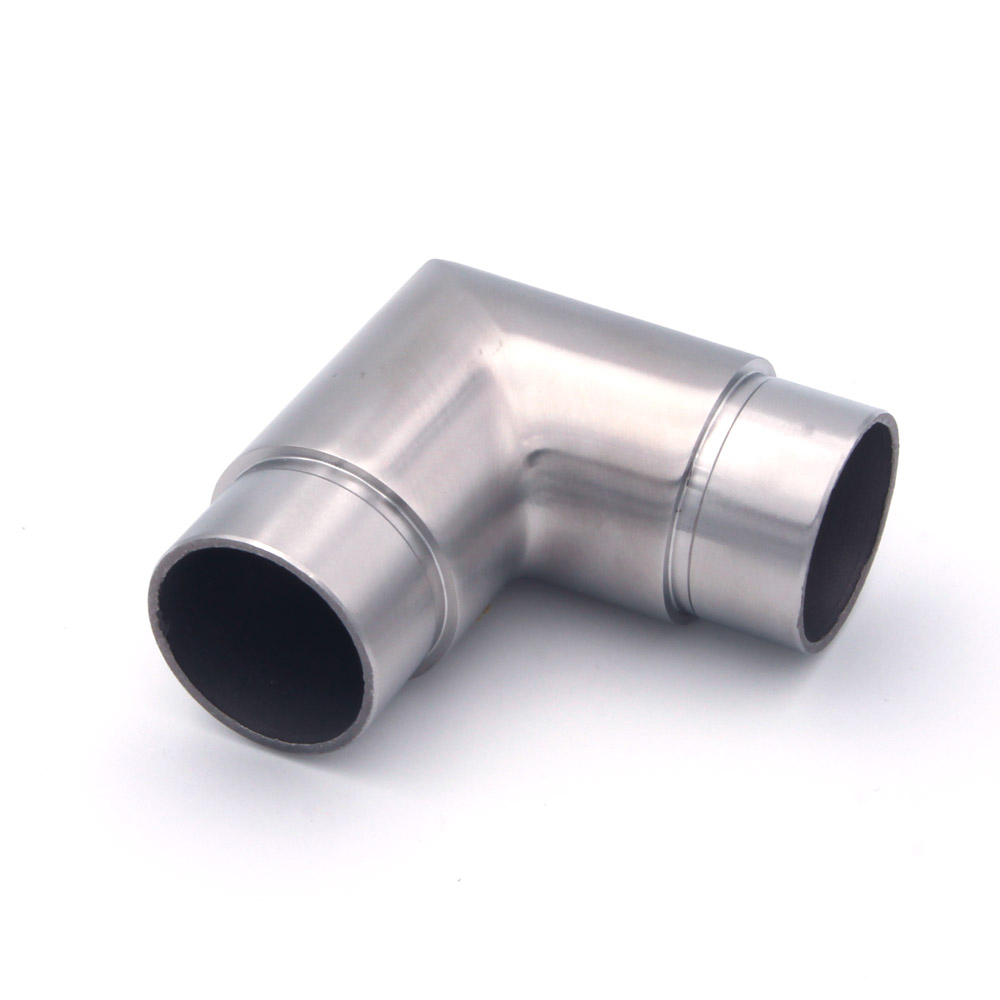 Coude à 90° en acier inoxydable pour main courante inox de 42,4 mm, vue en biais, deux extrémités ouvertes, détouré