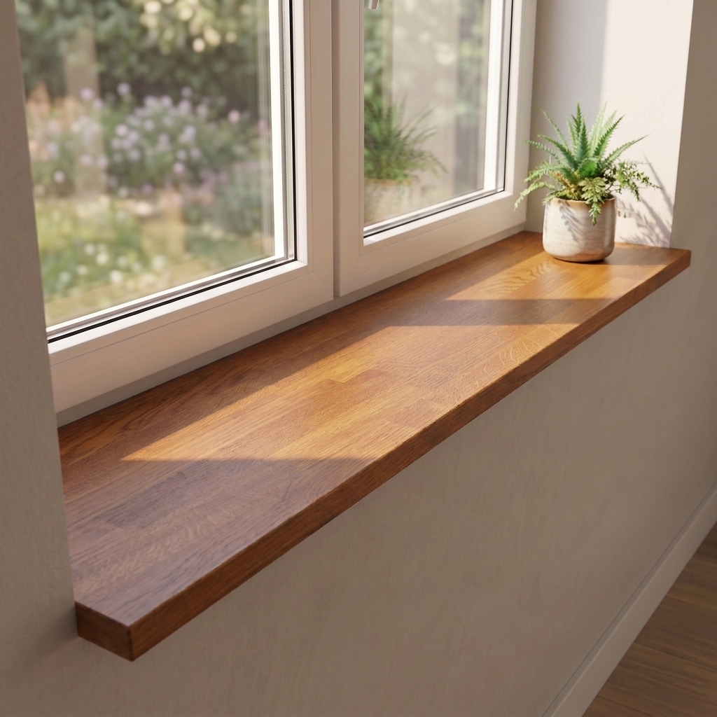 Appui de fenêtre en chêne teinté brun, abouté, sous fenêtre donnant sur le jardin, ton brun moyen avec plante en pot