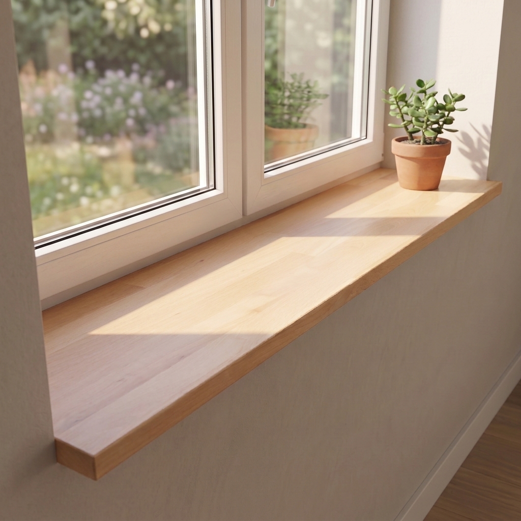 Appui de fenêtre en hêtre naturel, abouté, sous double fenêtre donnant sur le jardin, arbre de jade en pot en terre cuite