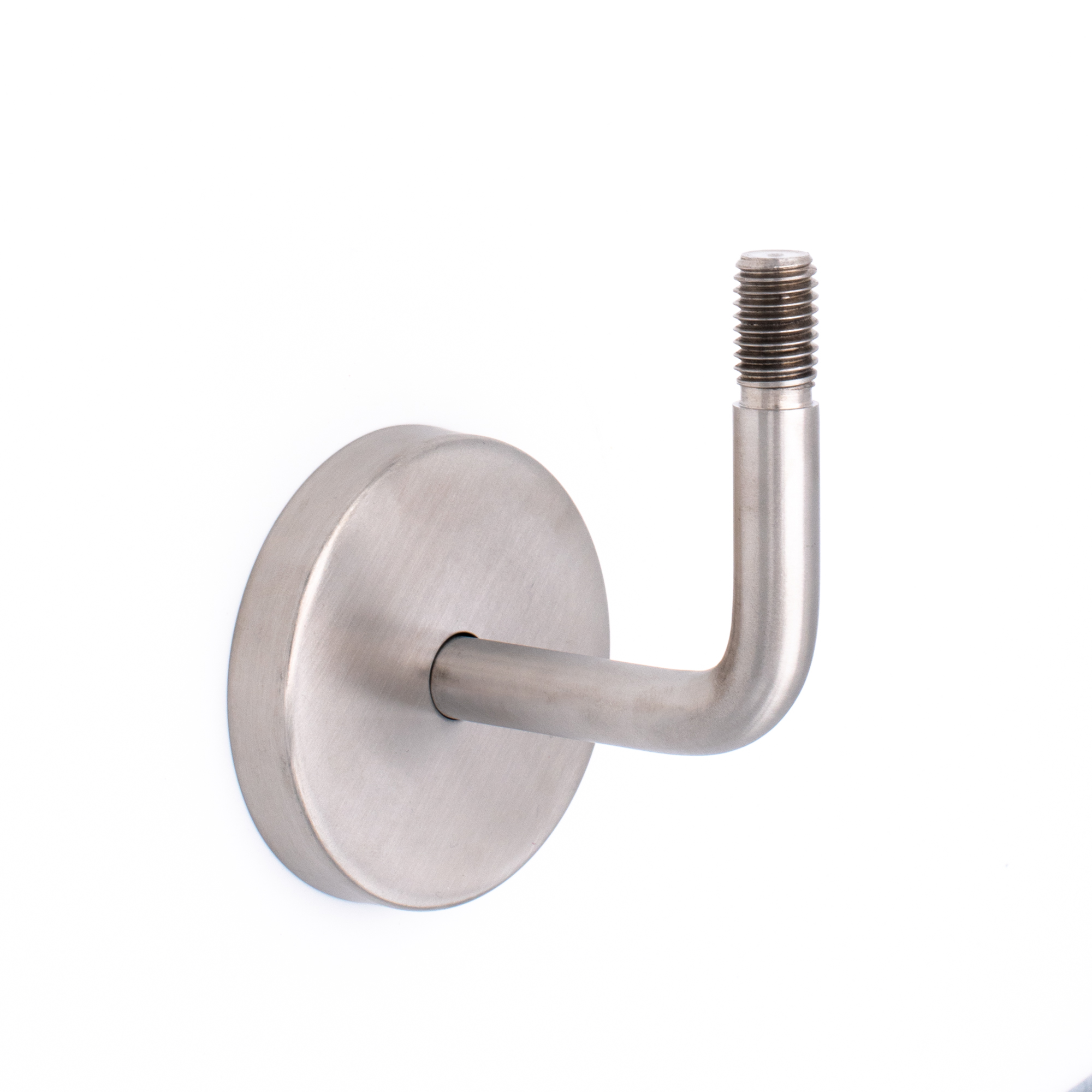 Support de main courante modèle 01 inox, support mural coudé à rosace ronde et tige filetée vers le haut, pour bois