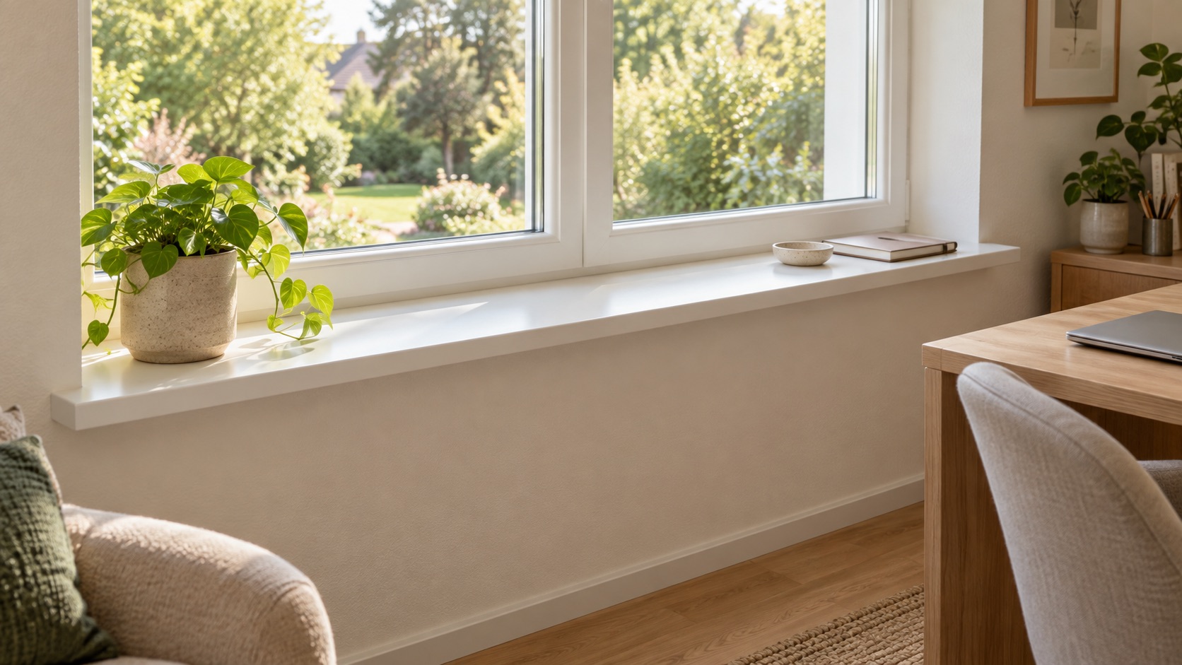 Appui de fenêtre clair au salon avec plante et livres, appui blanc sous fenêtre donnant sur le jardin, fauteuil