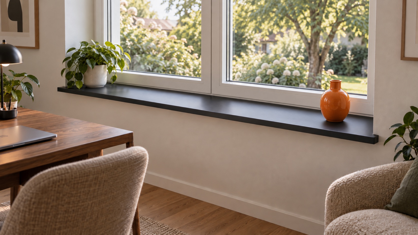 Appui de fenêtre noir sur double fenêtre au salon avec plante et vase orange, fauteuil et bureau devant