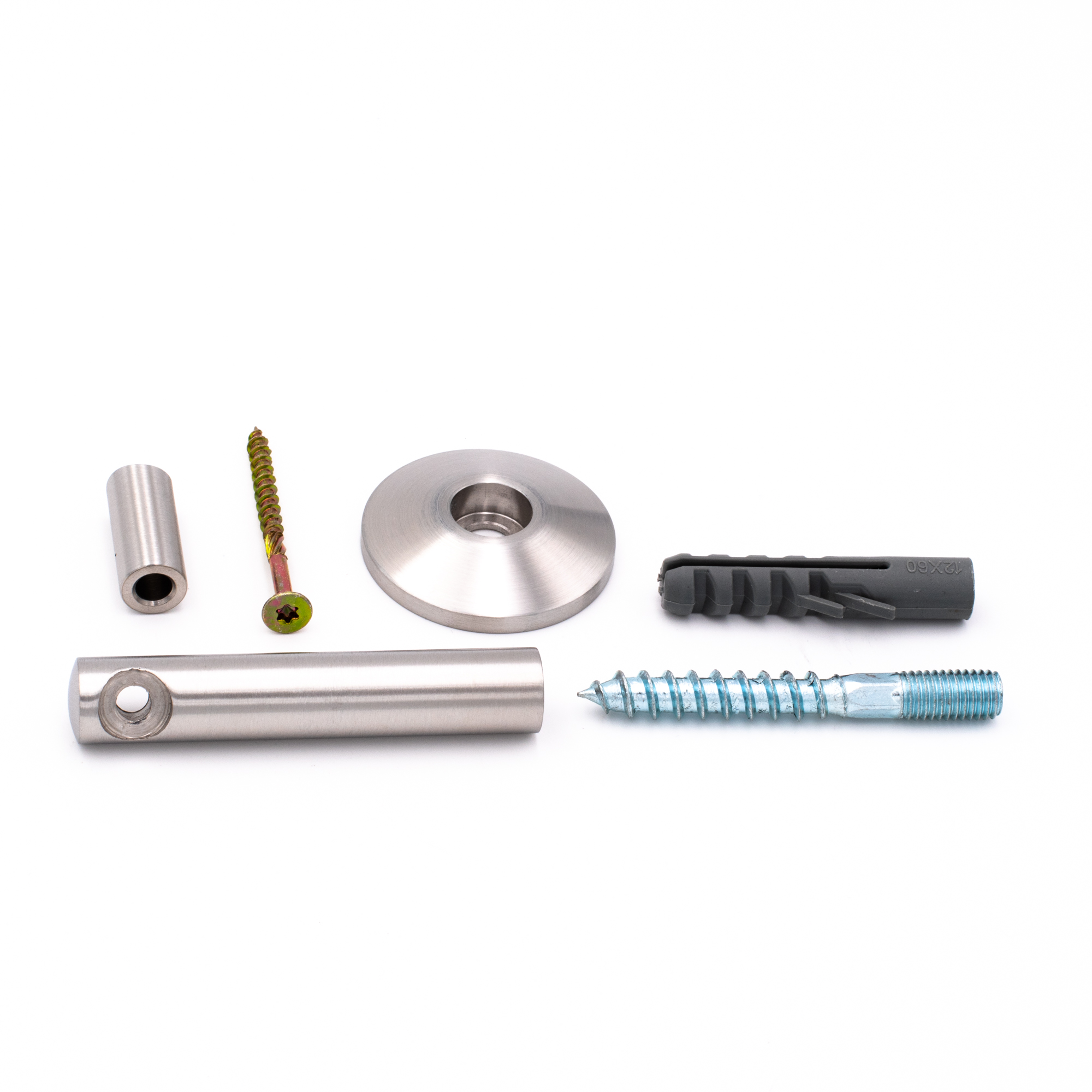 Support de main courante Mod.05 inox, pièces : tige, rosace conique, entretoise, vis à double filetage, cheville, vis à bois