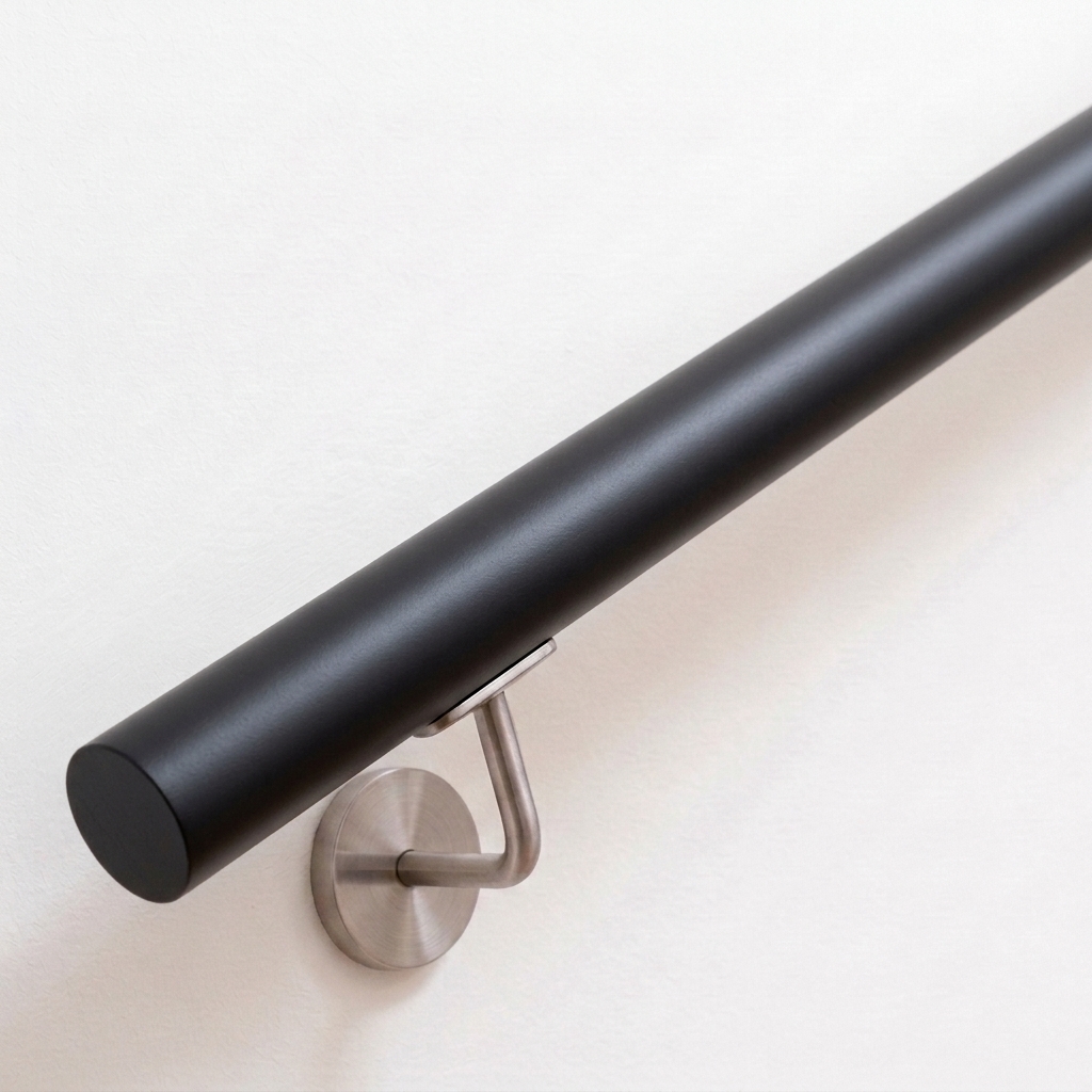 Main courante ronde en hêtre laquée noir avec support inox sur mur blanc, extrémité droite, vue oblique de dessus