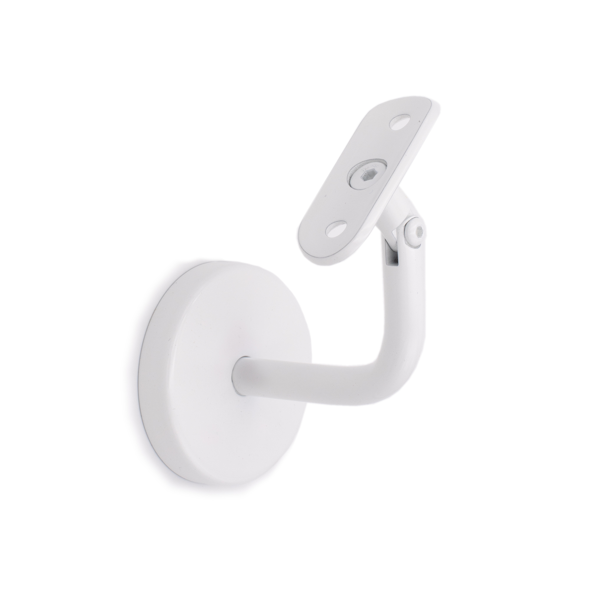 Support de main courante modèle 04 blanc à articulation et plaque bombée, rosace ronde, pour main courante en bois