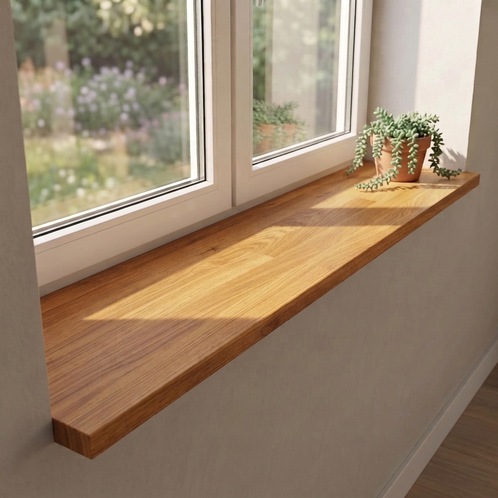 Appui de fenêtre en chêne sauvage teinté brun, abouté, sous fenêtre côté jardin, ton brun chaud avec plante retombante