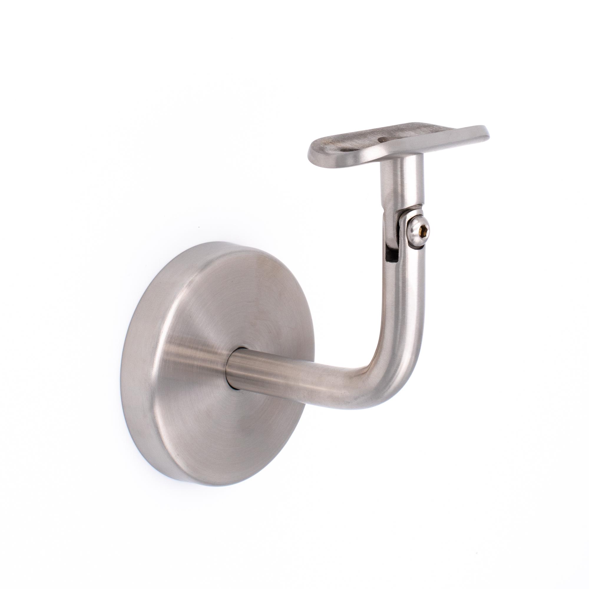 Support de main courante modèle 04 inox avec plaque bombée et rosace murale ronde, détouré en biais de face