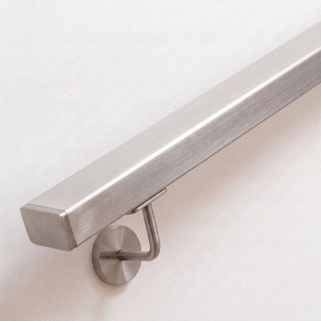 Main courante rectangulaire en acier inoxydable avec support mural inox, en diagonale sur mur blanc, gros plan du profil plat
