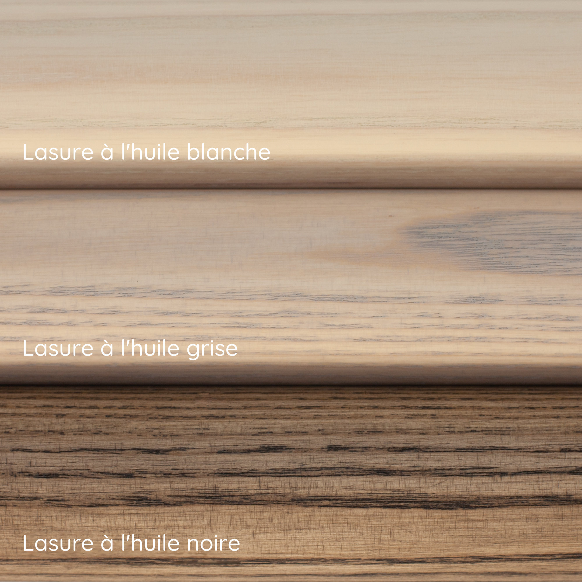 Lasures à l'huile blanche, grise et noire sur main courante en frêne : trois échantillons de teinte superposés