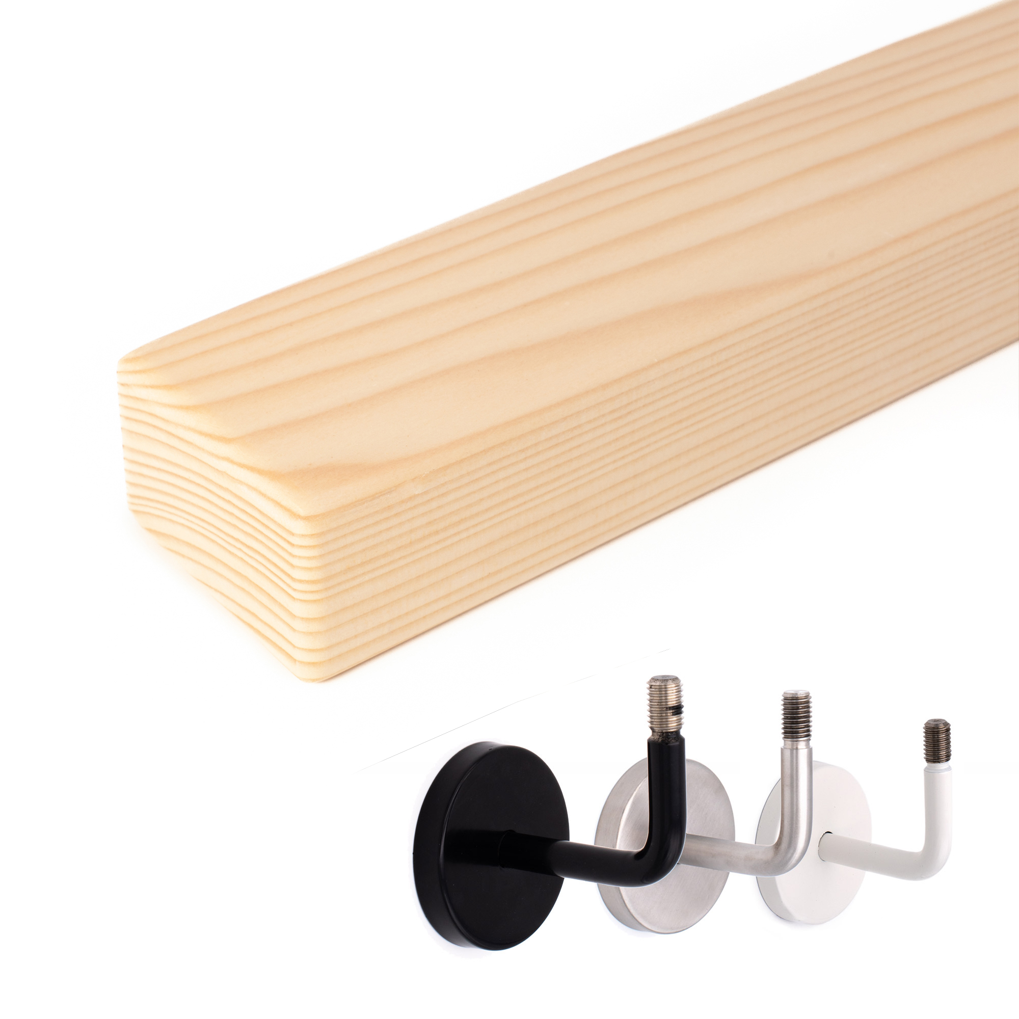 Main courante rectangulaire en épicéa : main courante en bois en épicéa, à côté supports noir, inox et blanc