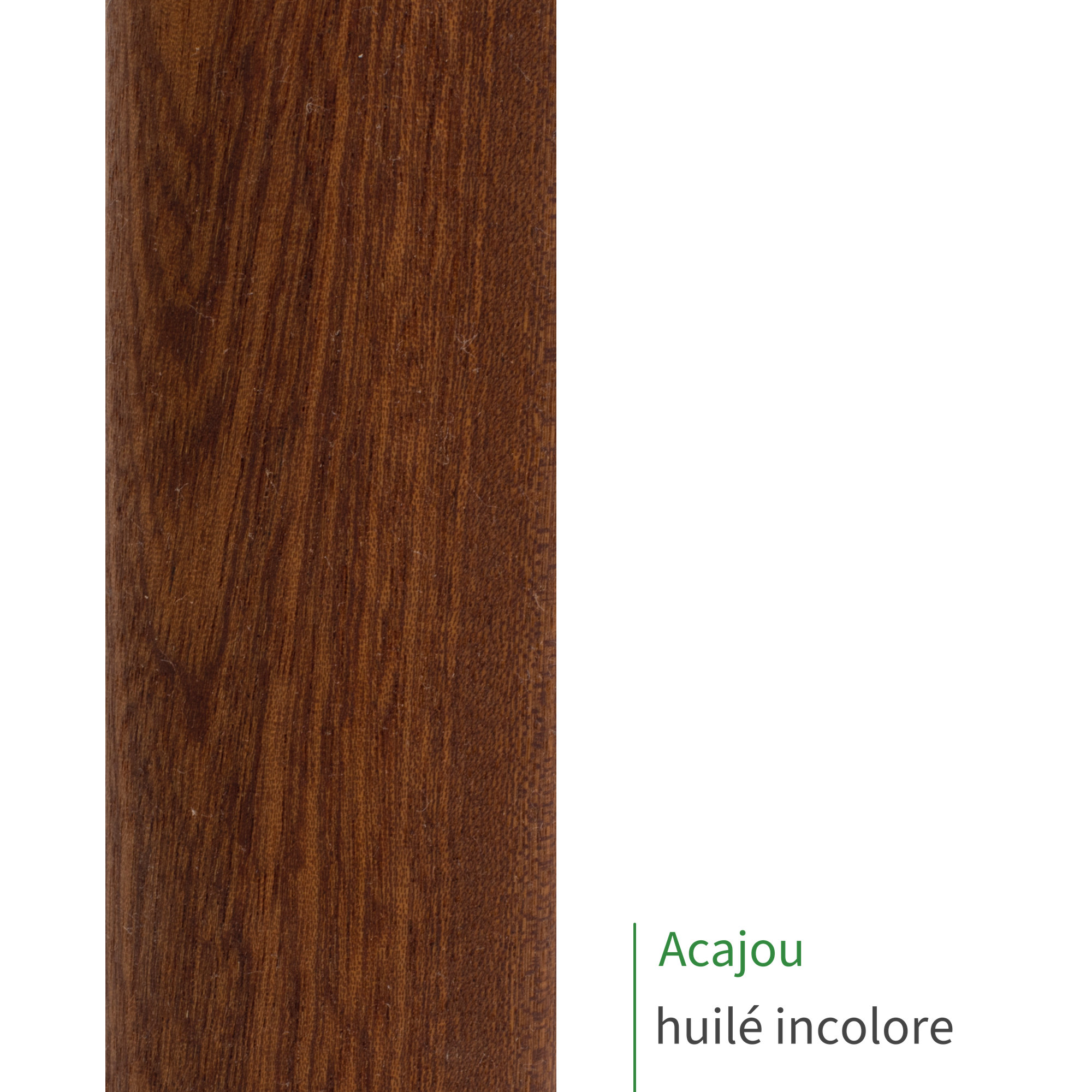 Main courante en acajou huilé incolore : bois brun rougeâtre et son veinage marqué, mention Acajou huilé incolore