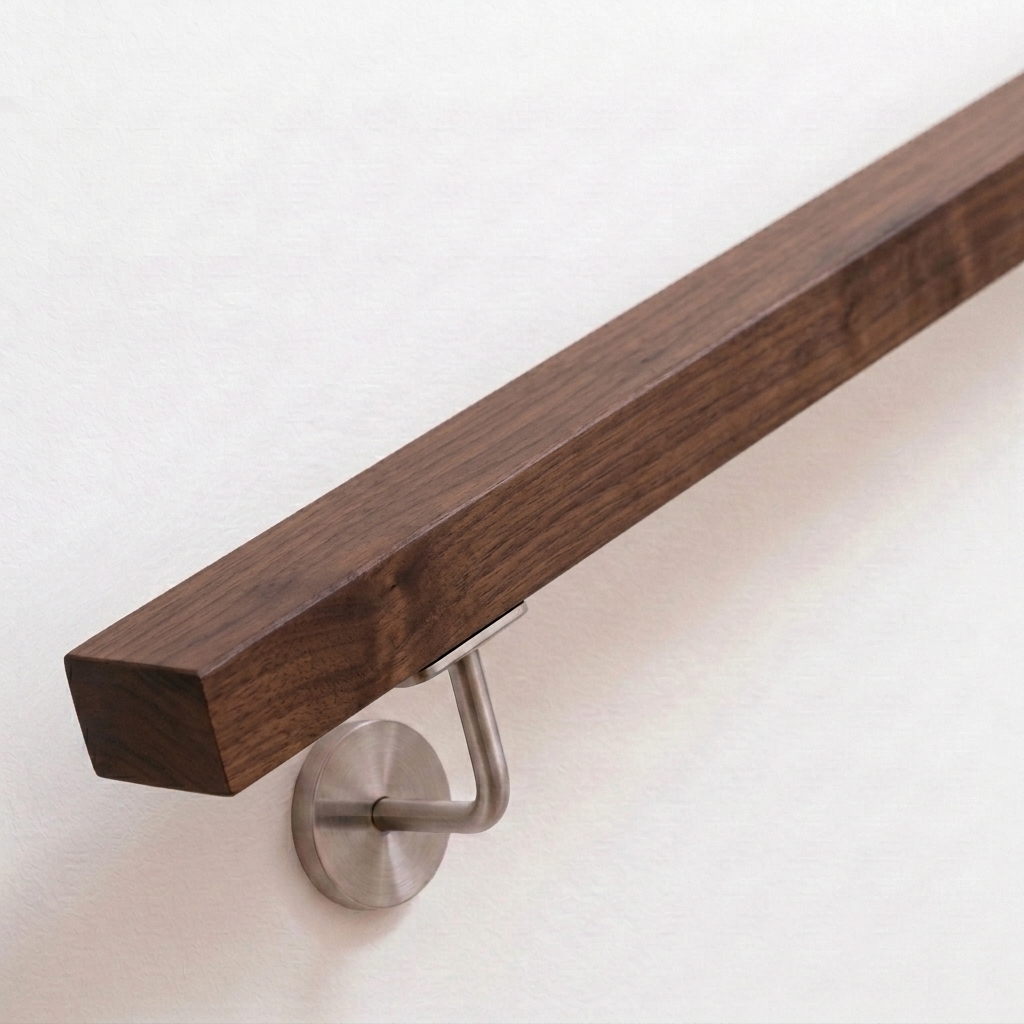 Main courante rectangulaire en noyer brun foncé avec support inox sur mur blanc, extrémité droite, vue oblique