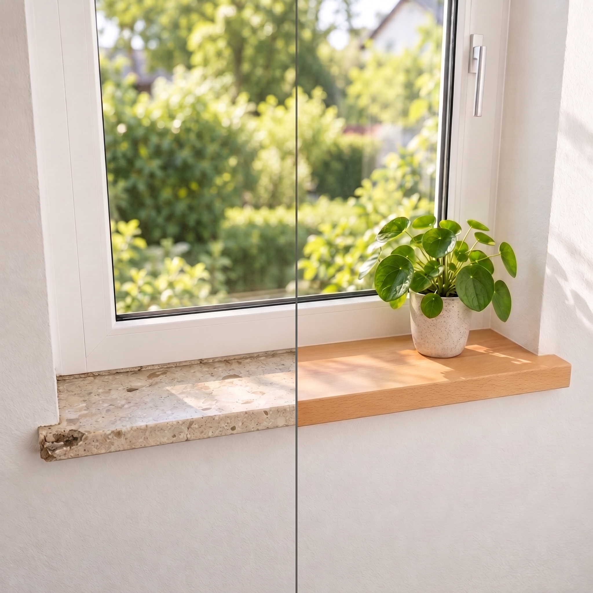 Appui de fenêtre de rénovation en hêtre naturel, avant-après : ancien appui en pierre à gauche, bois clair à droite