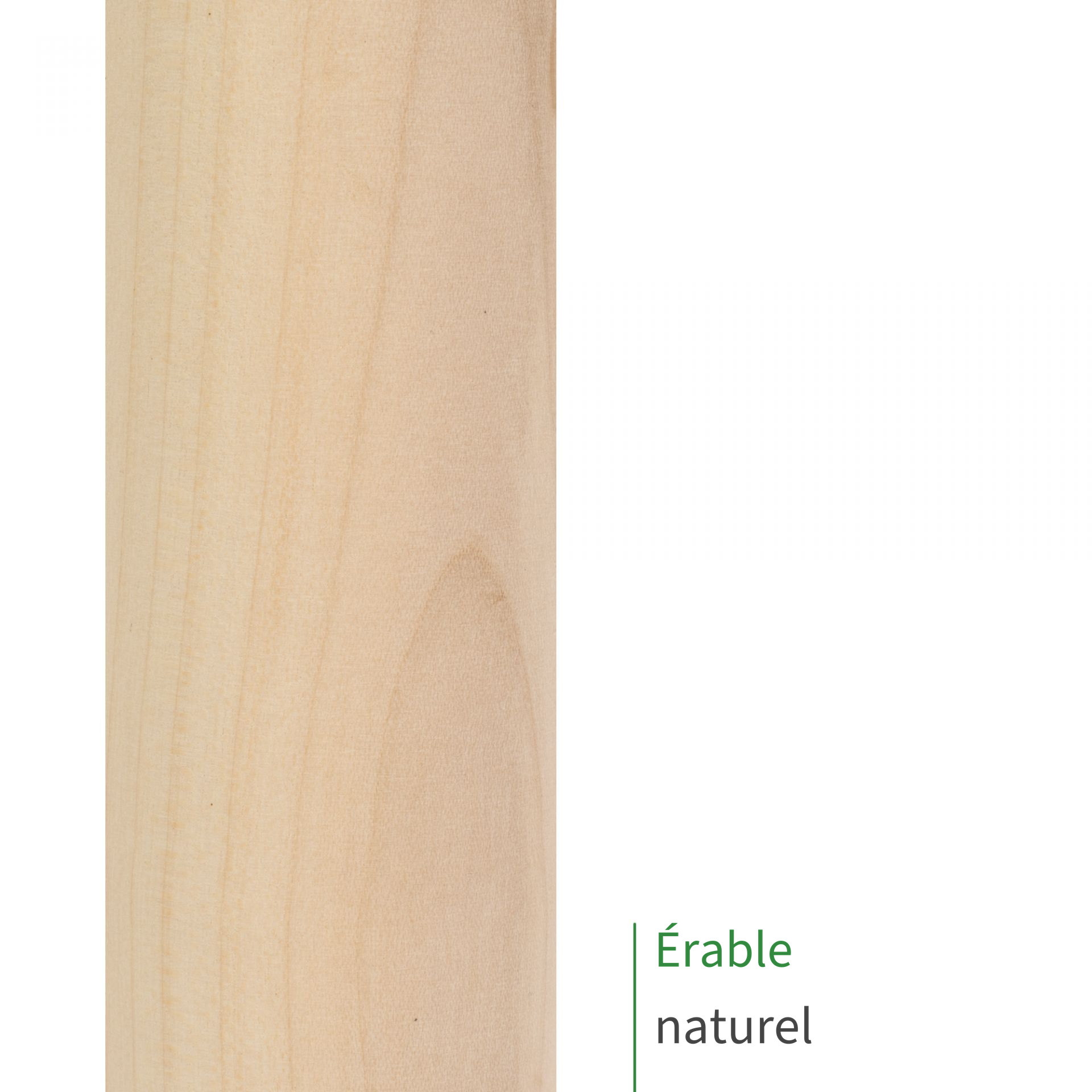 Main courante en érable au fini naturel : gros plan sur le bois blanc crème non traité et son veinage, mention Érable naturel