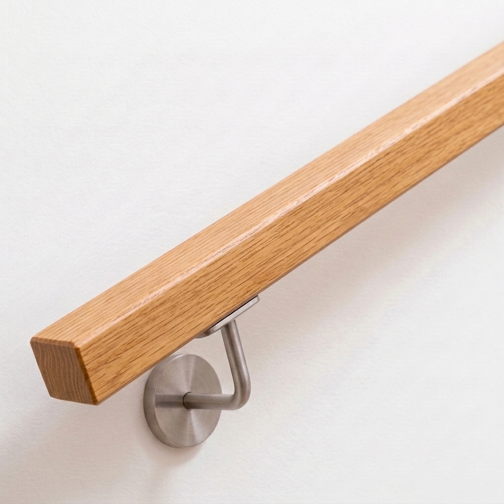 Main courante carrée en chêne au veinage visible avec support inox sur mur blanc, extrémité droite, vue oblique