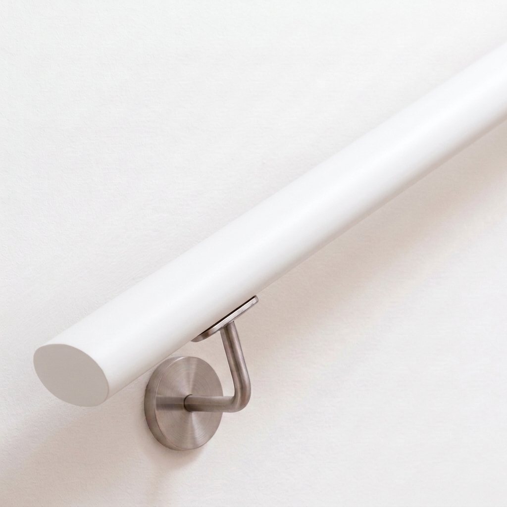 Main courante ovale en hêtre laquée en blanc au mur blanc avec support mural inox, surface lisse, extrémité droite