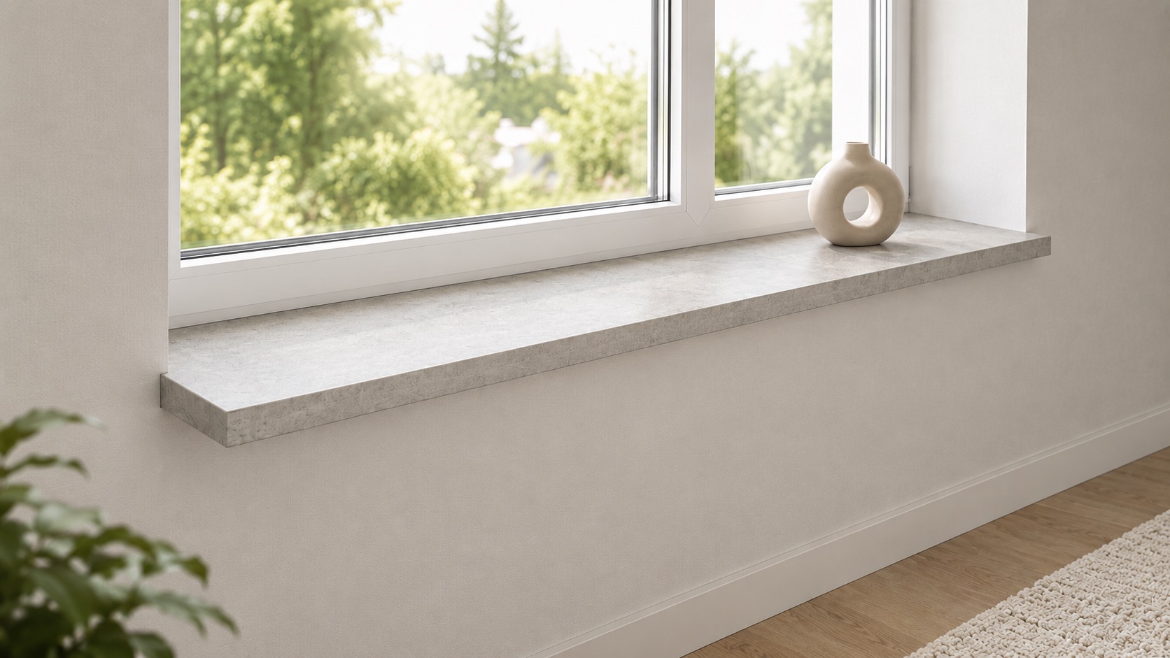 Appui de fenêtre en mélaminé gris clair aspect pierre sur fenêtre blanche avec petit vase, vue sur la verdure