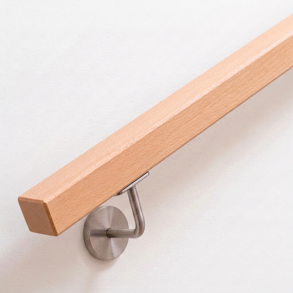Main courante carrée en hêtre clair avec support de main courante inox sur mur blanc, extrémité droite, vue oblique de dessus