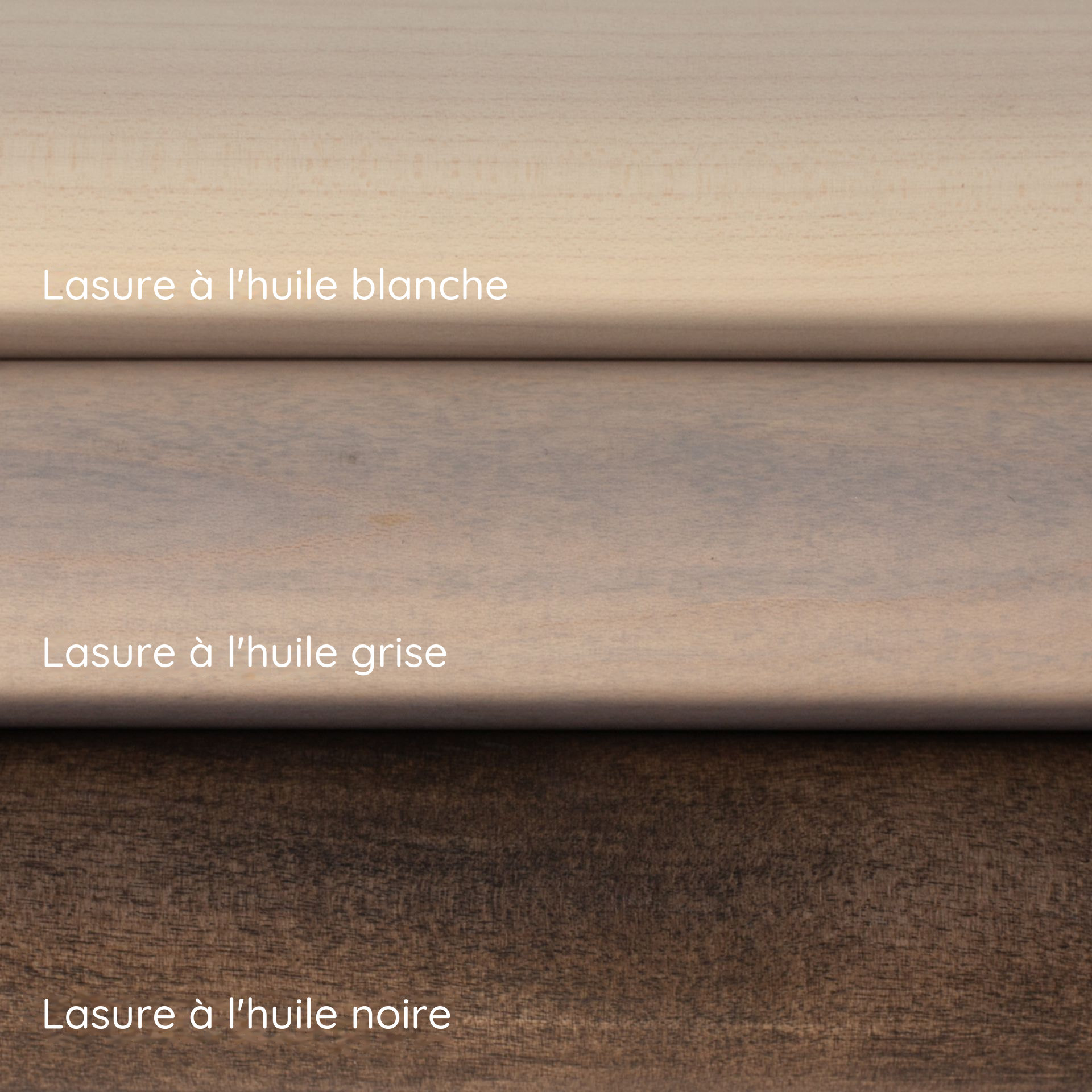 Lasures à l'huile blanche, grise et noire sur main courante en érable : trois échantillons de teinte superposés
