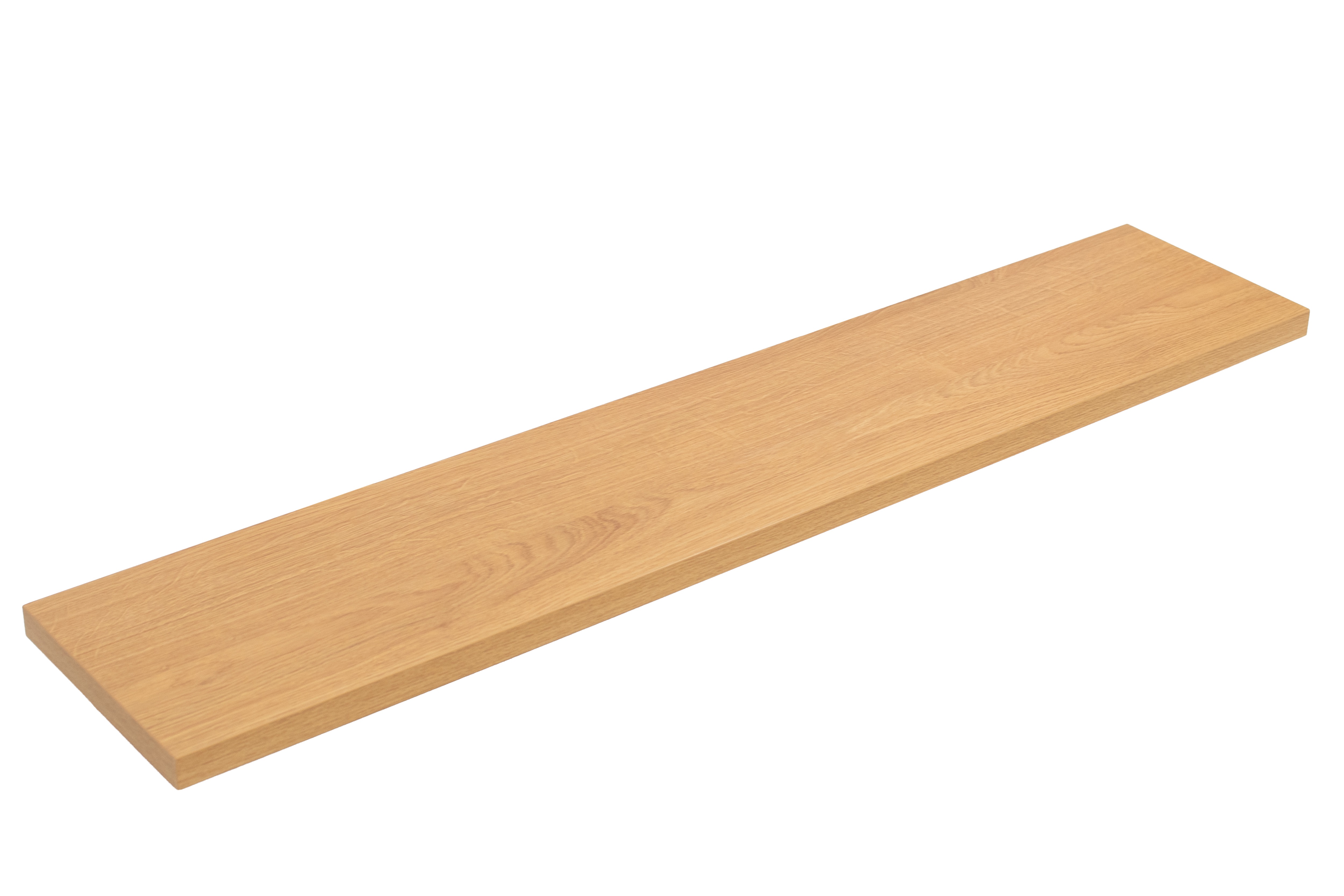 Appui de fenêtre en mélaminé aspect bois chêne, détouré en vue de biais sur fond blanc