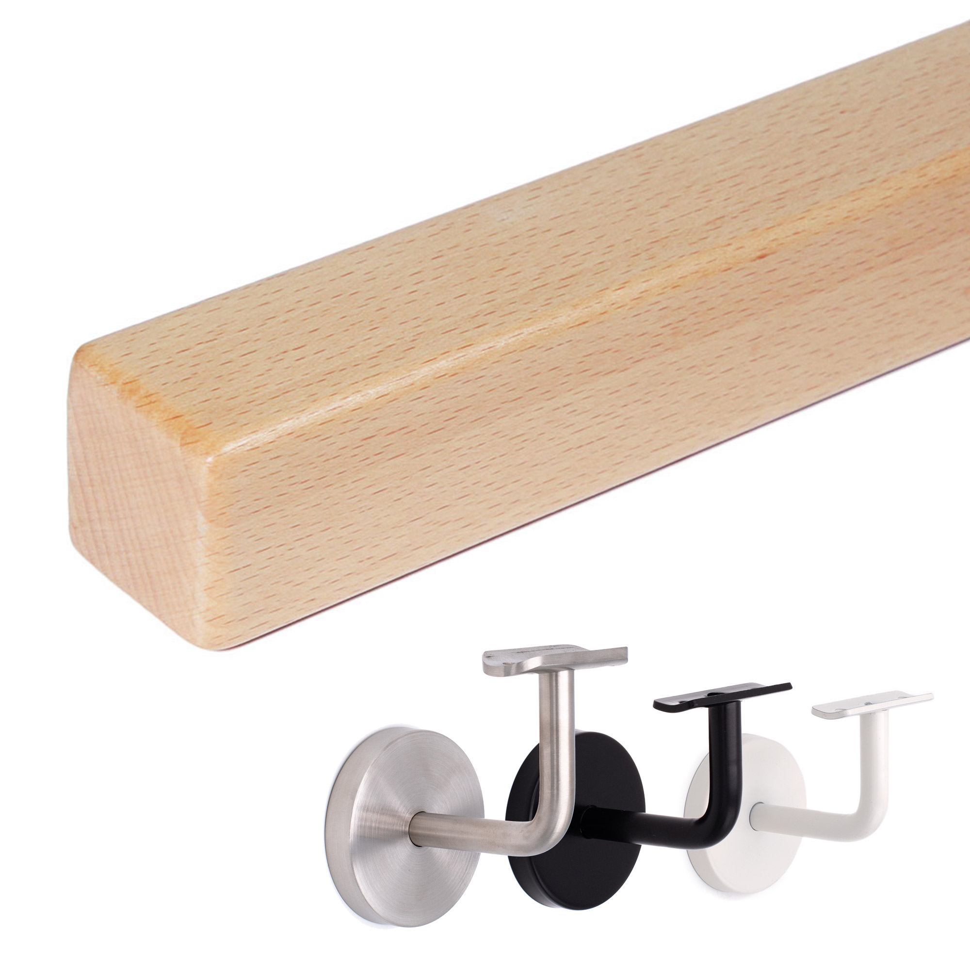 Main courante carrée en hêtre clair aux arêtes arrondies, avec supports de main courante inox, noir et blanc