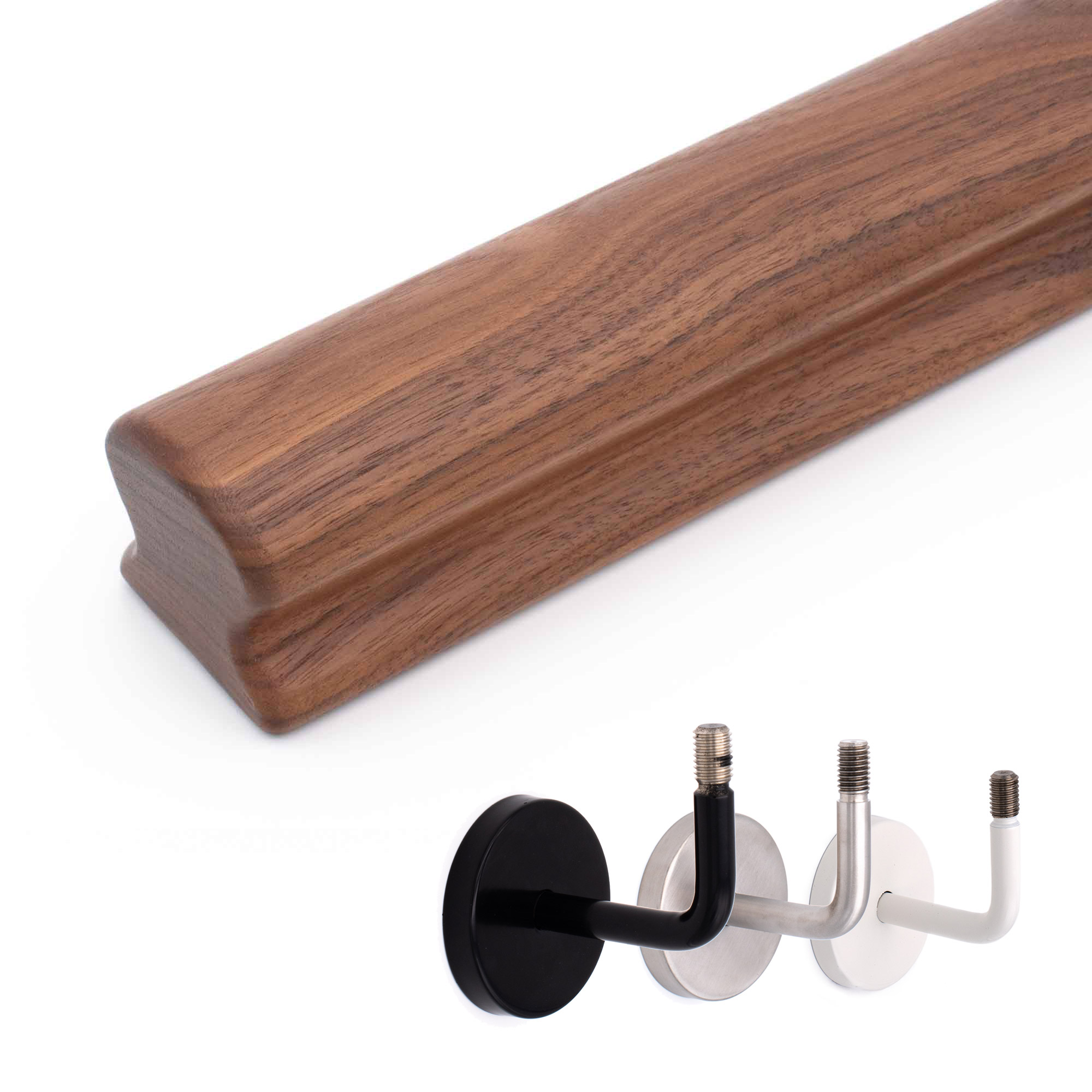 Main courante Omega en noyer, détourée avec profil Omega, en dessous trois supports noir, inox et blanc