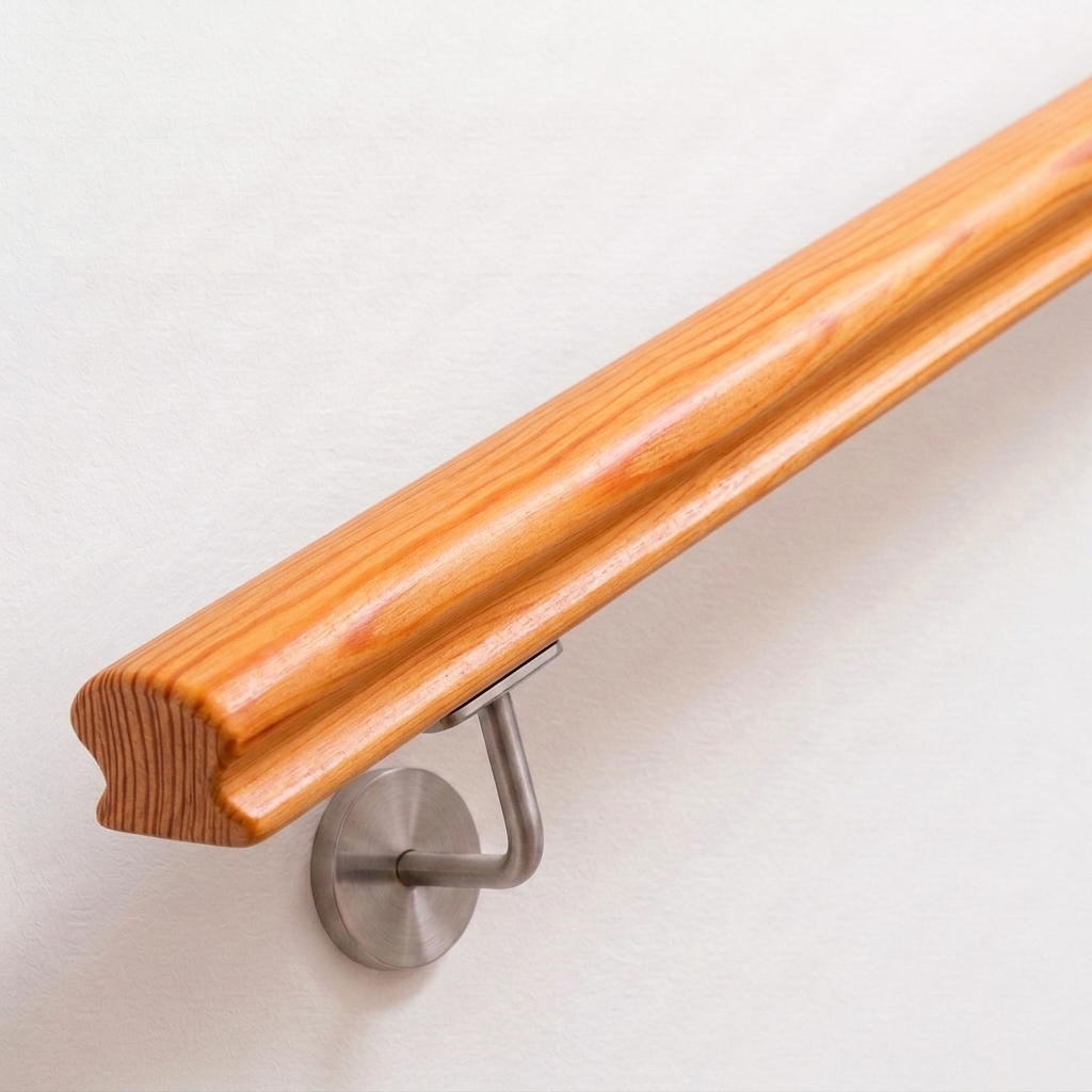 Main courante Omega en mélèze à section profilée et veinage jaune rougeâtre, support de main courante inox sur mur blanc