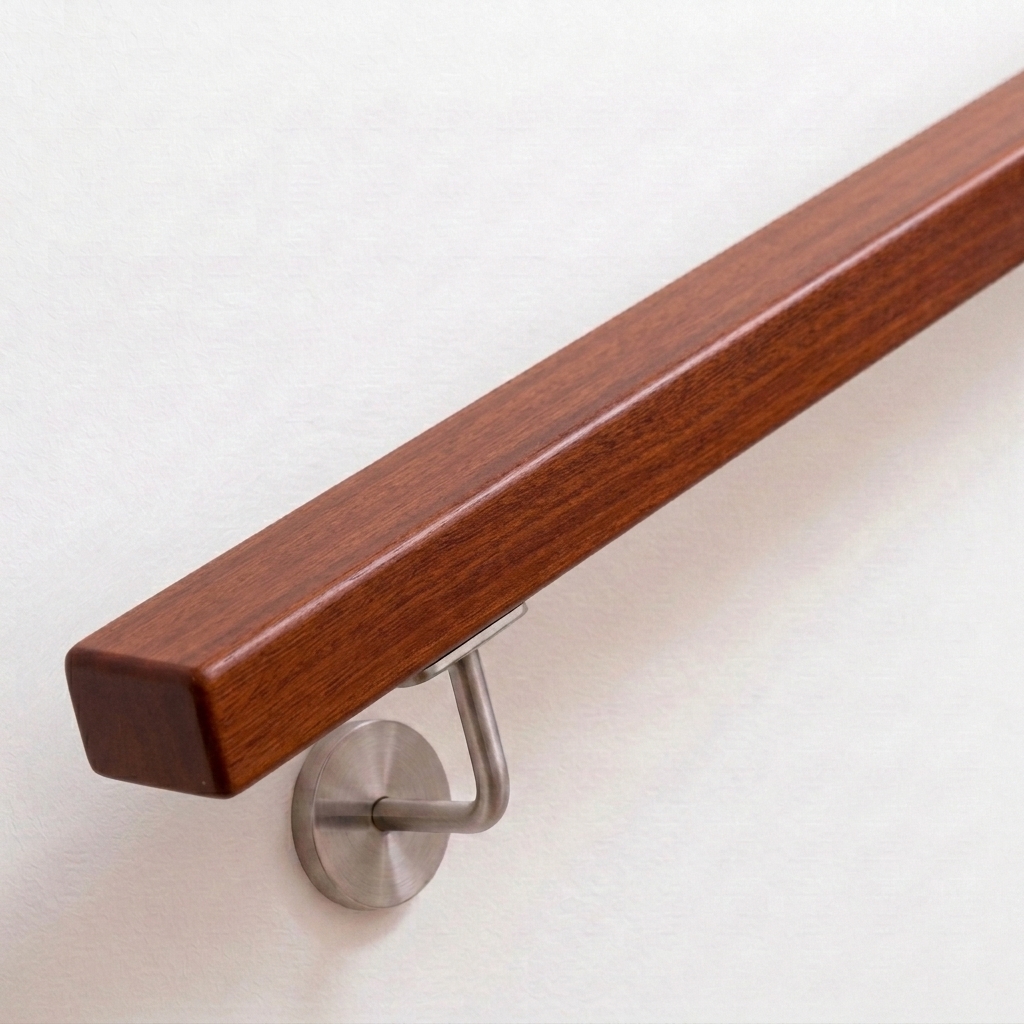 Main courante rectangulaire en acajou brun-rouge avec support inox sur mur blanc, extrémité droite, vue oblique