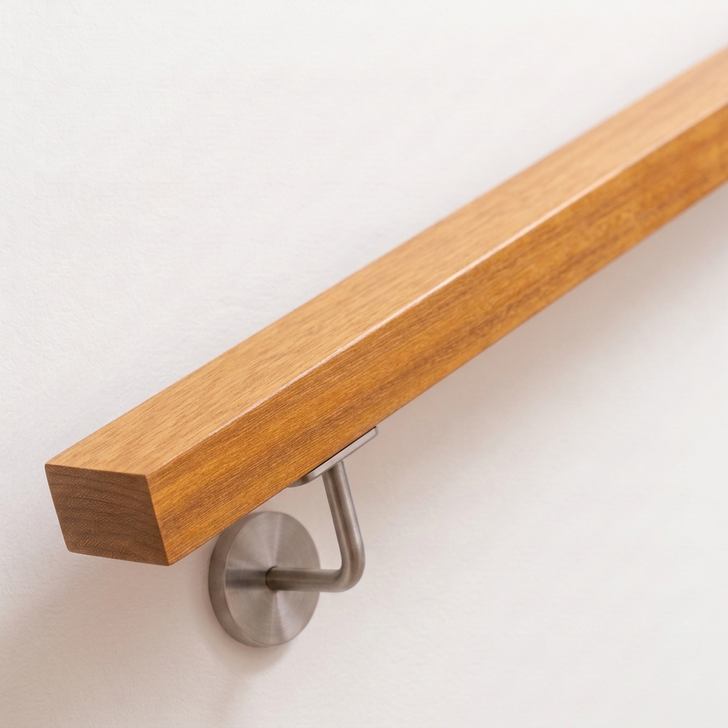 Main courante rectangulaire en iroko brun doré avec support inox sur mur blanc, extrémité droite, vue oblique