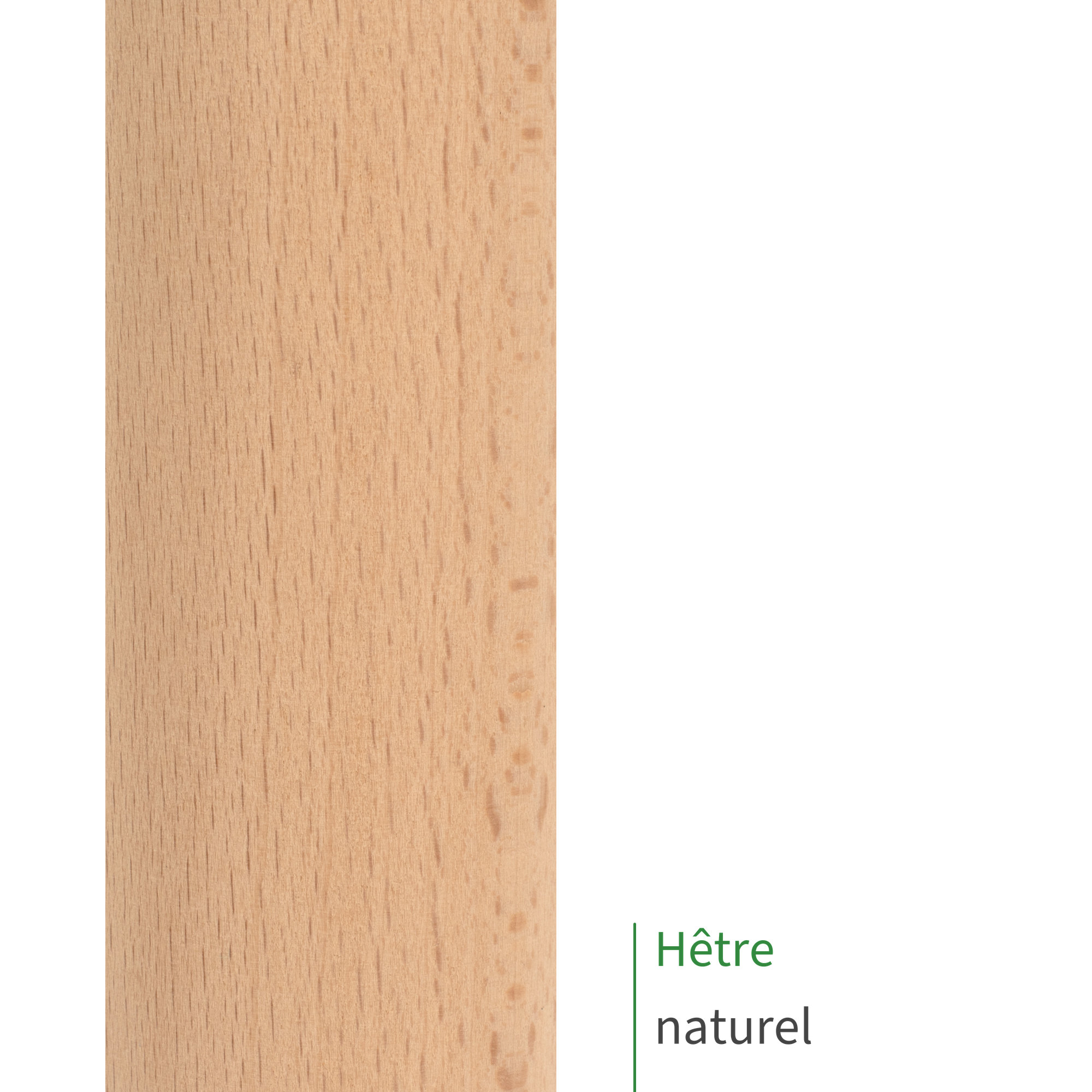 Barre ronde en hêtre au fini naturel : gros plan sur le bois clair non traité et son veinage fin, mention Hêtre naturel