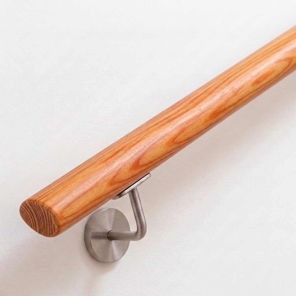 Main courante ovale en mélèze au veinage jaune rougeâtre avec support inox sur mur blanc, extrémité droite, vue oblique