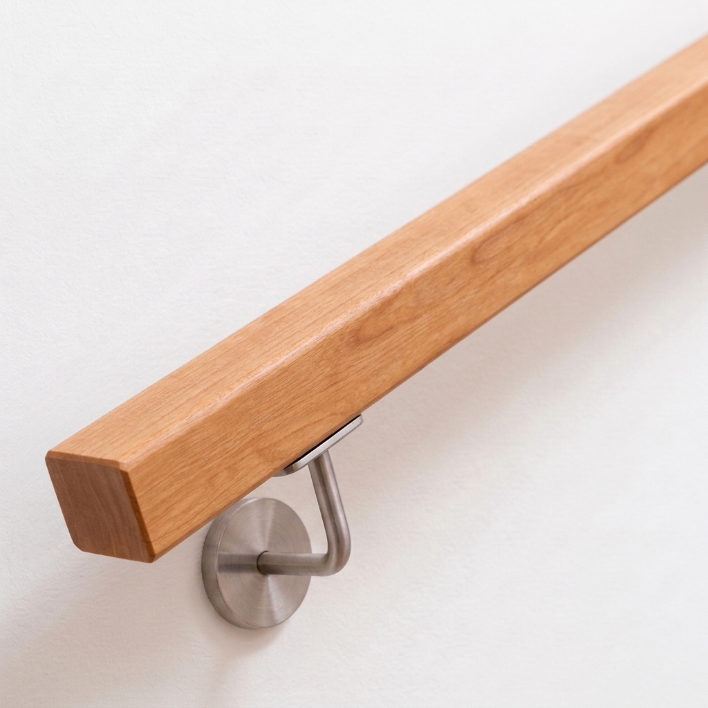 Main courante carrée en merisier rougeâtre chaud avec support de main courante inox sur mur blanc, extrémité droite