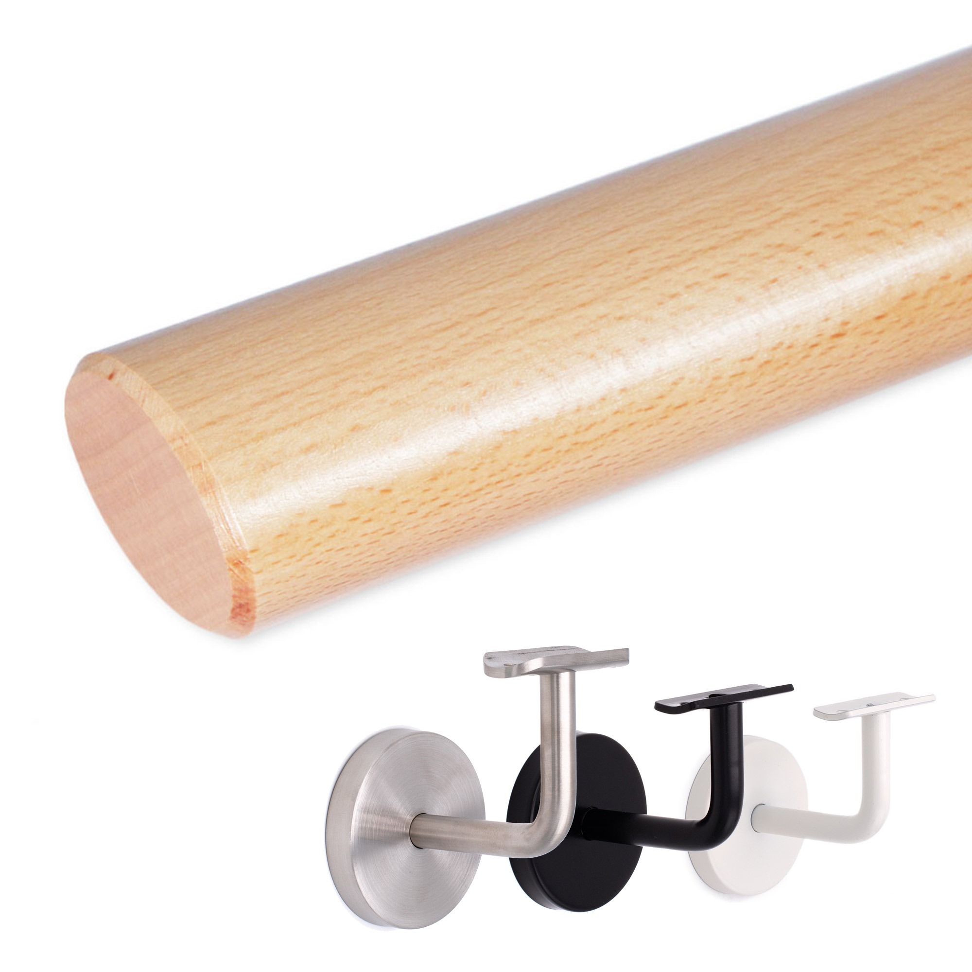 Main courante ovale en hêtre naturel, détourée en diagonale avec supports de main courante inox, noir et blanc au choix