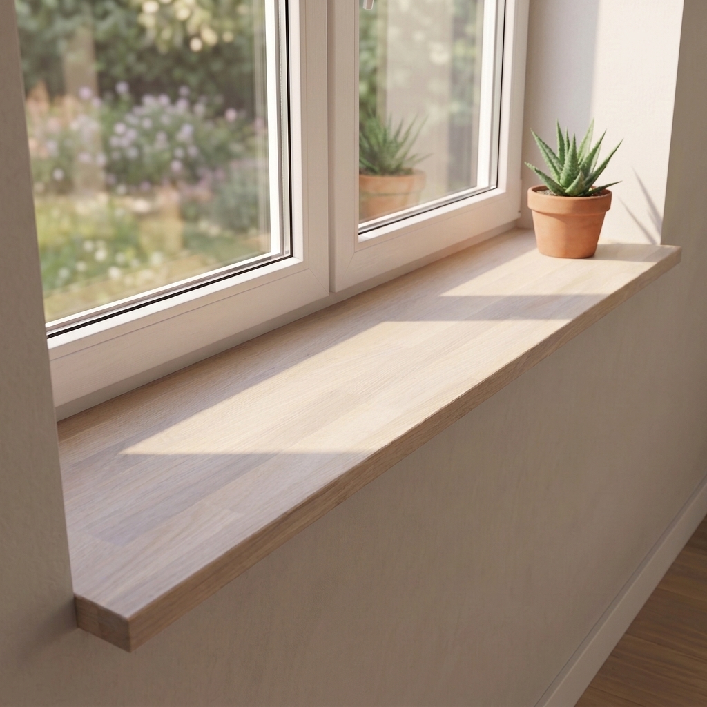 Appui de fenêtre en chêne teinté blanc, abouté, sous fenêtre donnant sur le jardin, veinage clair avec plante en pot