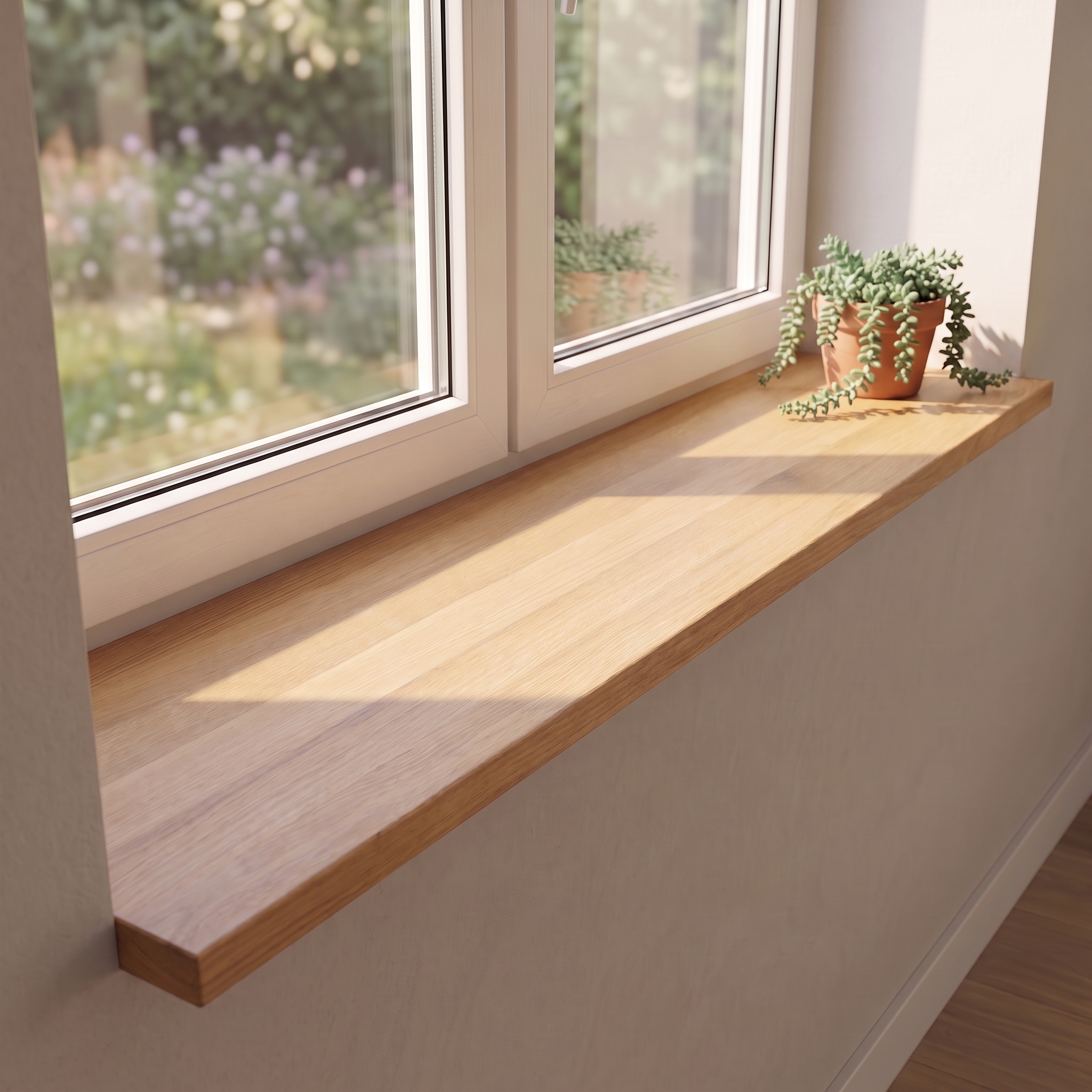 Appui de fenêtre en chêne naturel, lamelles continues, sous double fenêtre côté jardin, plante retombante en pot