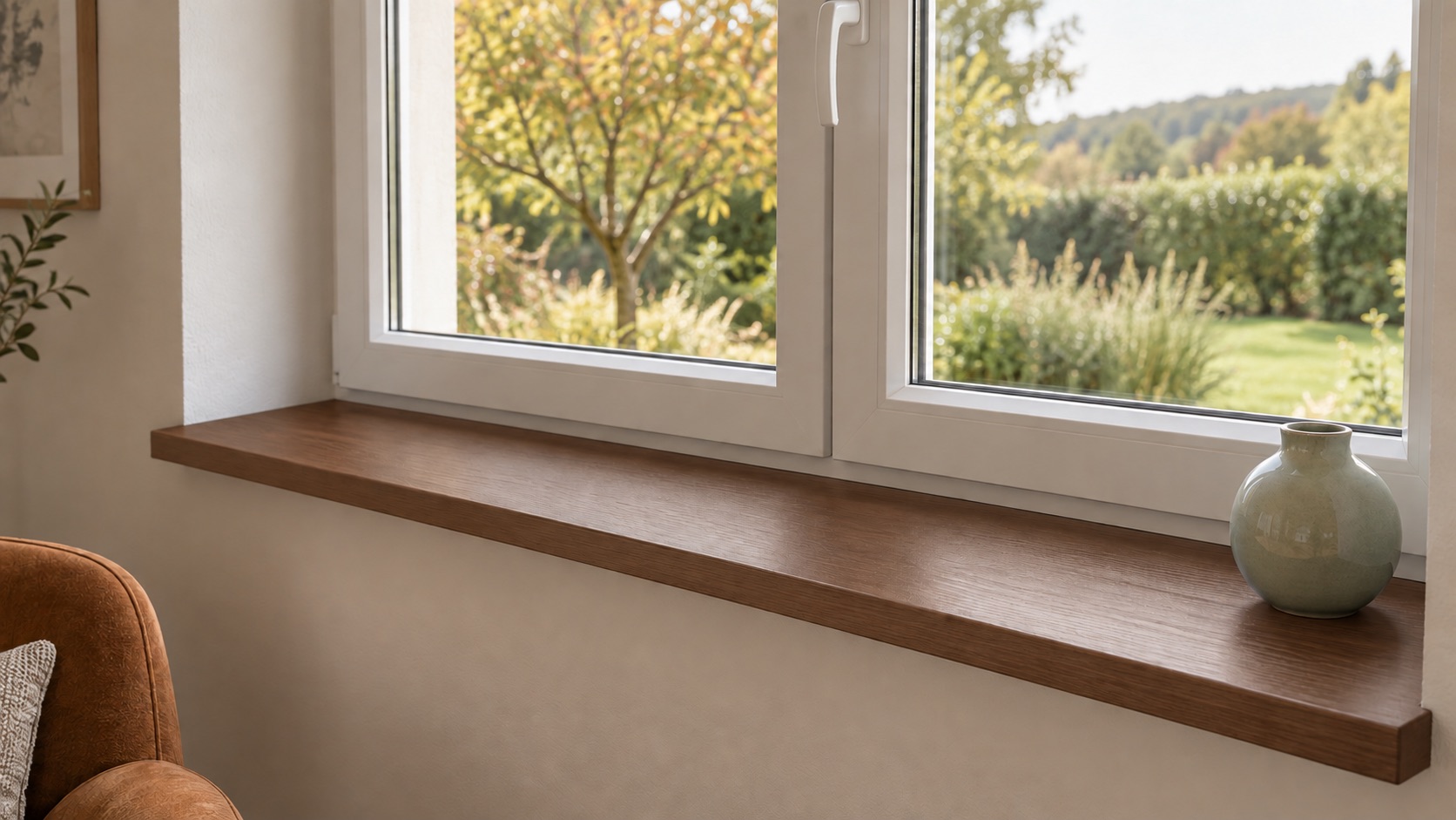 Appui de fenêtre en bois teinté brun sous une double fenêtre donnant sur le jardin, vase sur l'appui et fauteuil au salon
