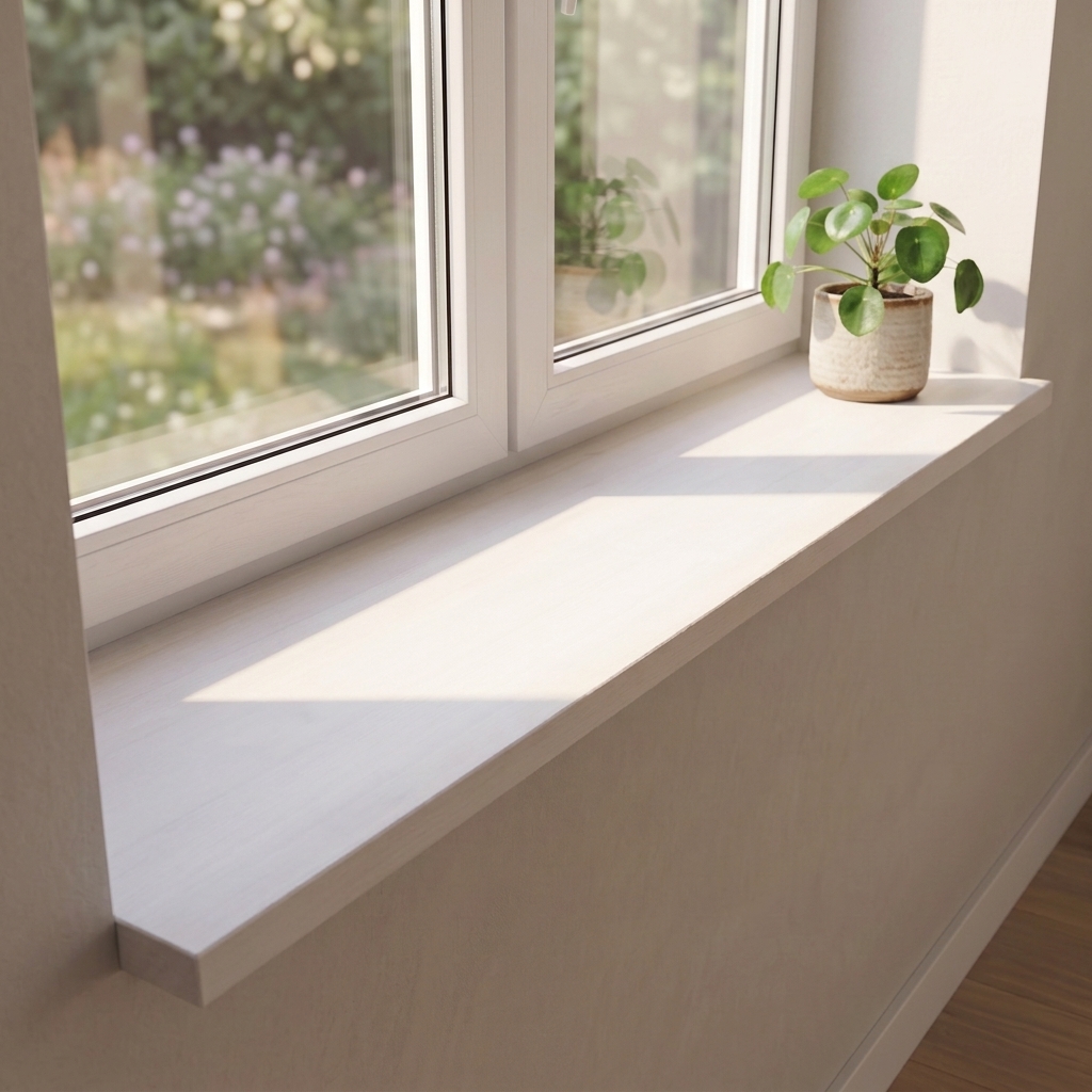 Appui de fenêtre en hêtre teinté blanc, lamelles continues, sous double fenêtre côté jardin, plante verte en pot