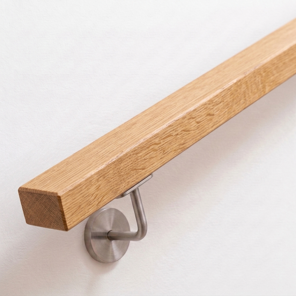 Main courante rectangulaire en chêne avec support inox sur mur blanc, détourée en vue oblique de face, chêne veiné