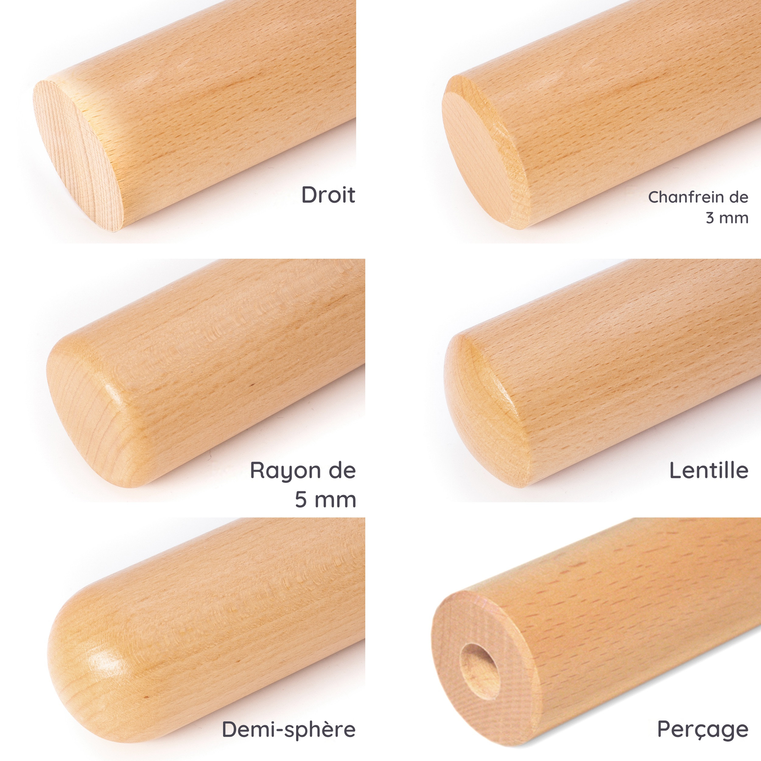 Finitions d'extrémité de main courante ronde en bois : droit, chanfrein 3 mm, rayon 5 mm, lentille, demi-sphère et perçage