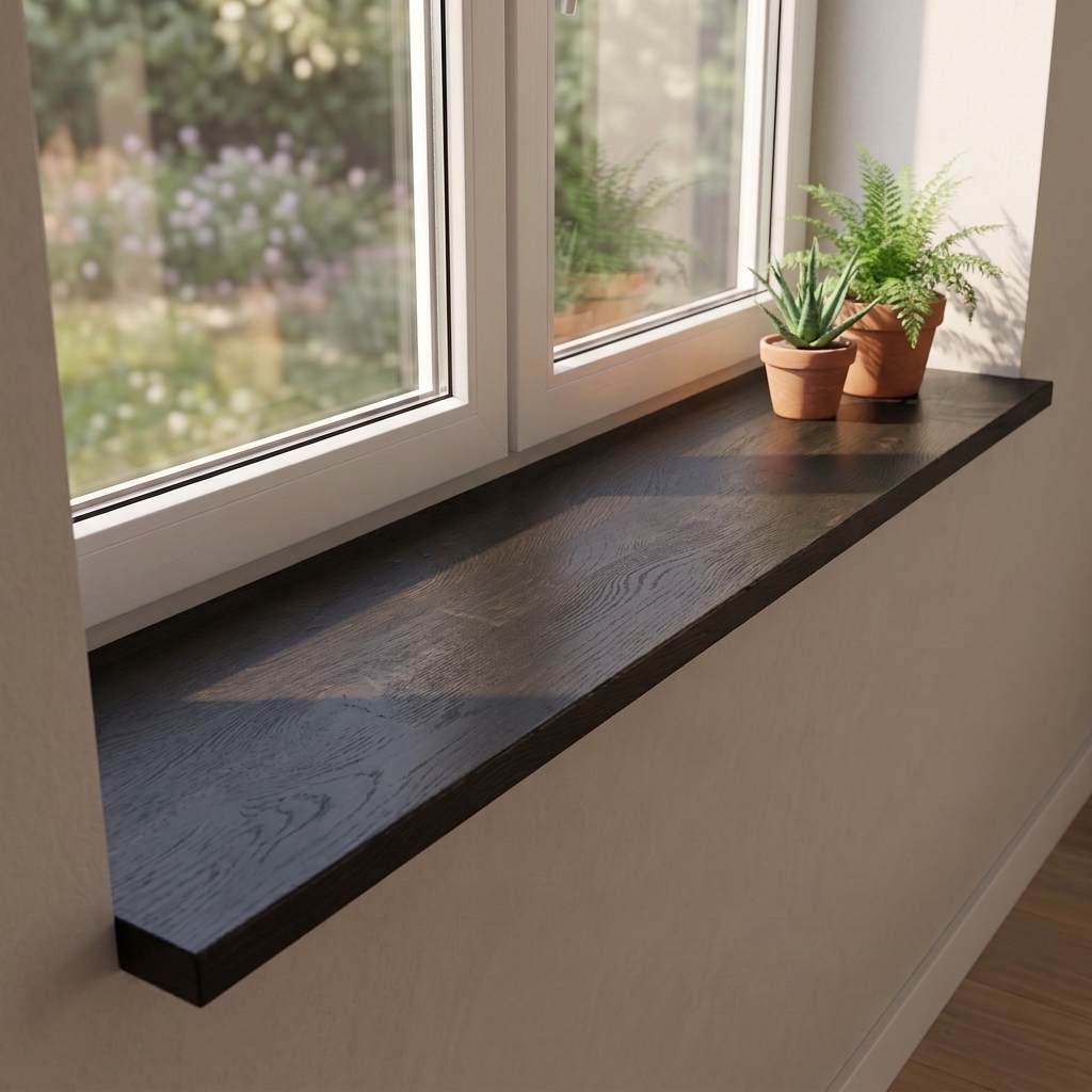 Appui de fenêtre en chêne sauvage teinté noir, abouté, sous fenêtre côté jardin, veinage foncé avec nœuds