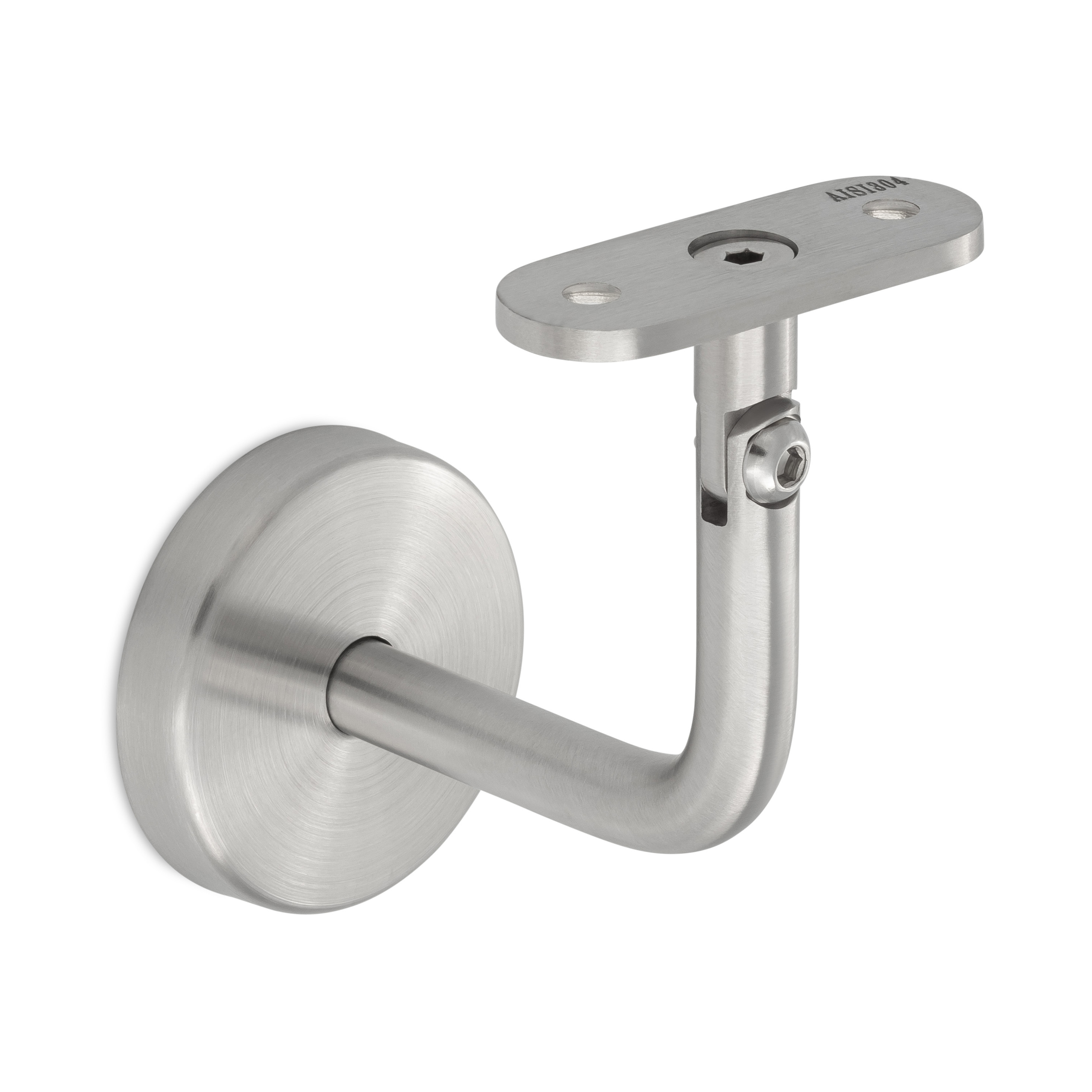 Support de main courante modèle 04 inox à articulation et plaque droite, rosace ronde, pour main courante en bois