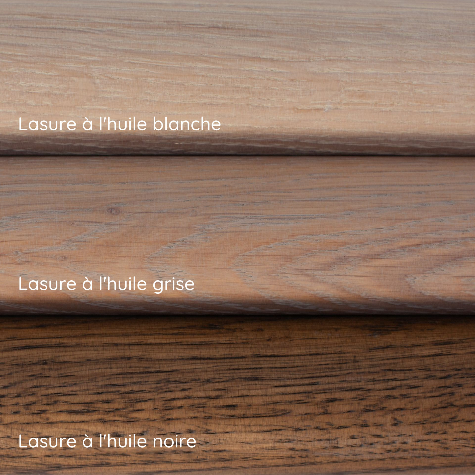 Lasures à l'huile blanche, grise et noire sur main courante en chêne : trois échantillons de teinte superposés