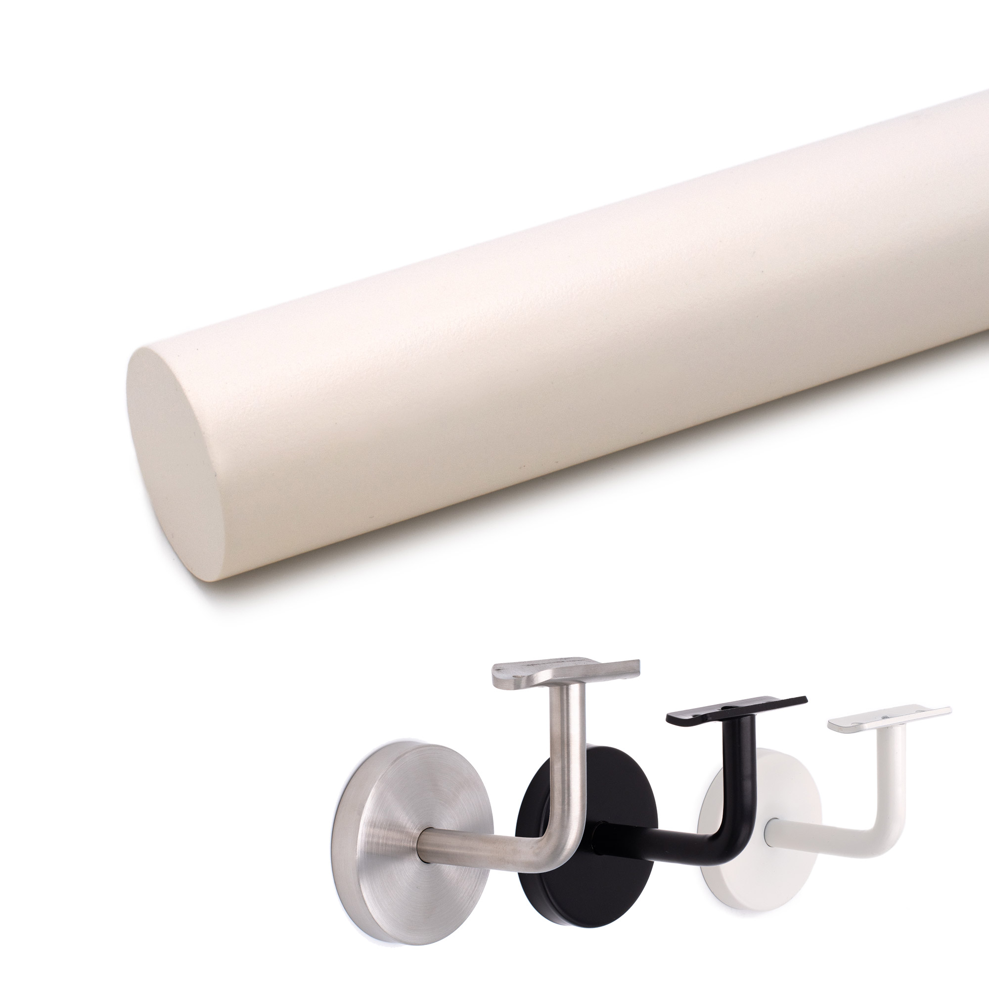 Main courante ronde en hêtre blanc, extrémité coupée droite, en dessous supports inox, noir et blanc au choix