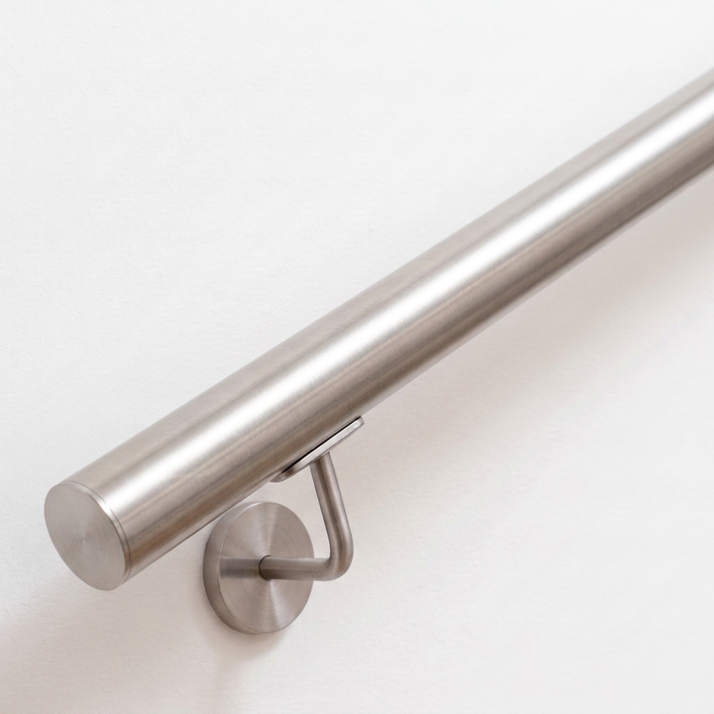 Main courante ronde en acier inoxydable sur mesure avec support mural inox et embout plat, en diagonale sur mur blanc