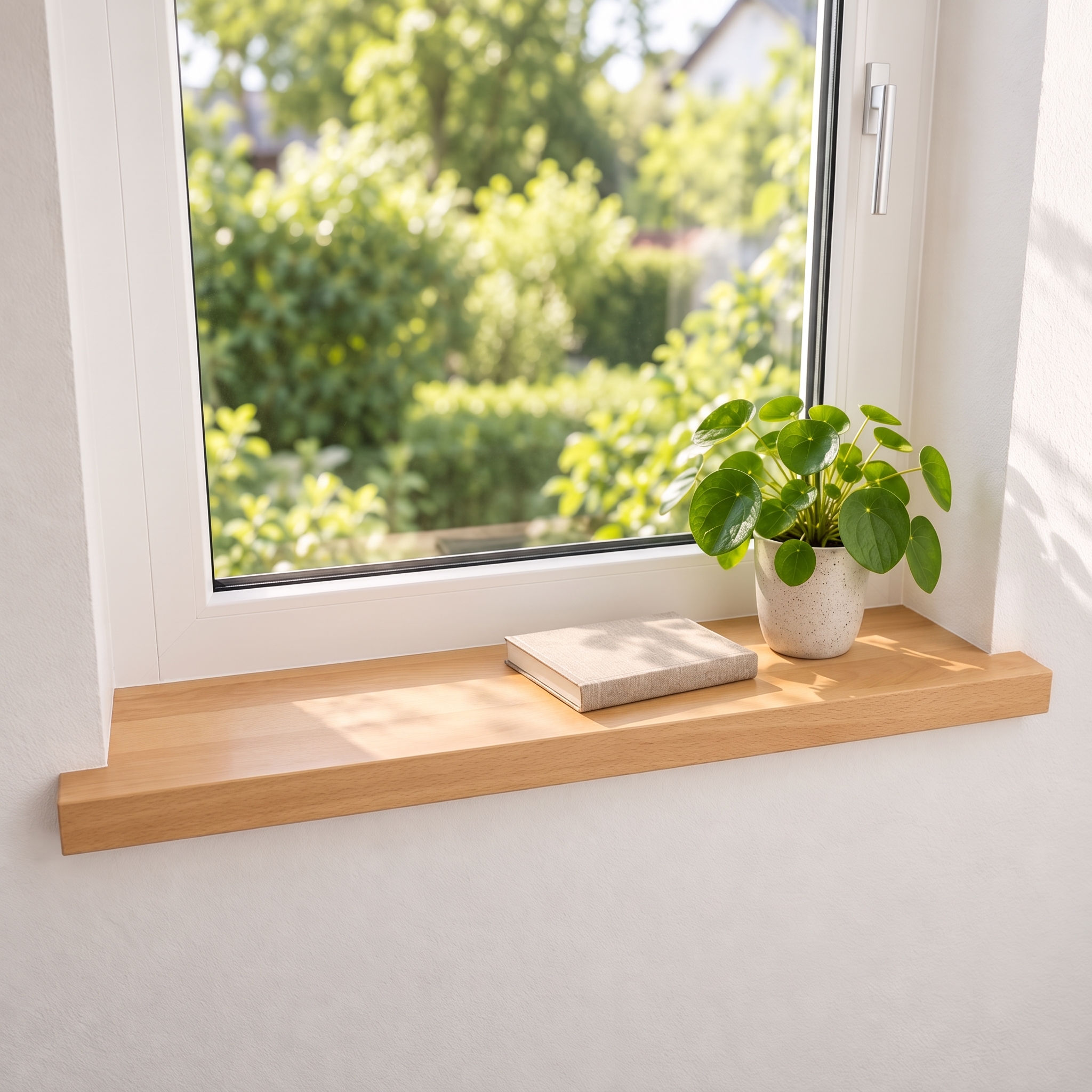 Appui de fenêtre de rénovation en hêtre naturel, bois massif, devant fenêtre blanche côté jardin, pilea en pot blanc et livre