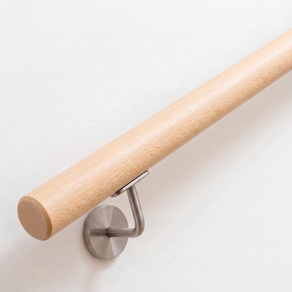 Main courante ronde en hêtre, bois clair et lisse, montée sur mur blanc avec support de main courante inox, vue de dessous