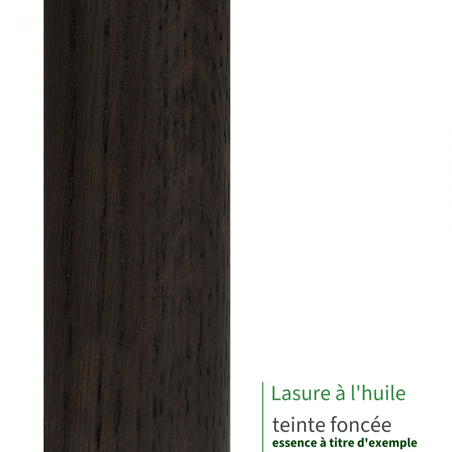 Lasure à l'huile teinte foncée sur main courante en bois : gros plan du veinage presque noir, essence à titre d'exemple