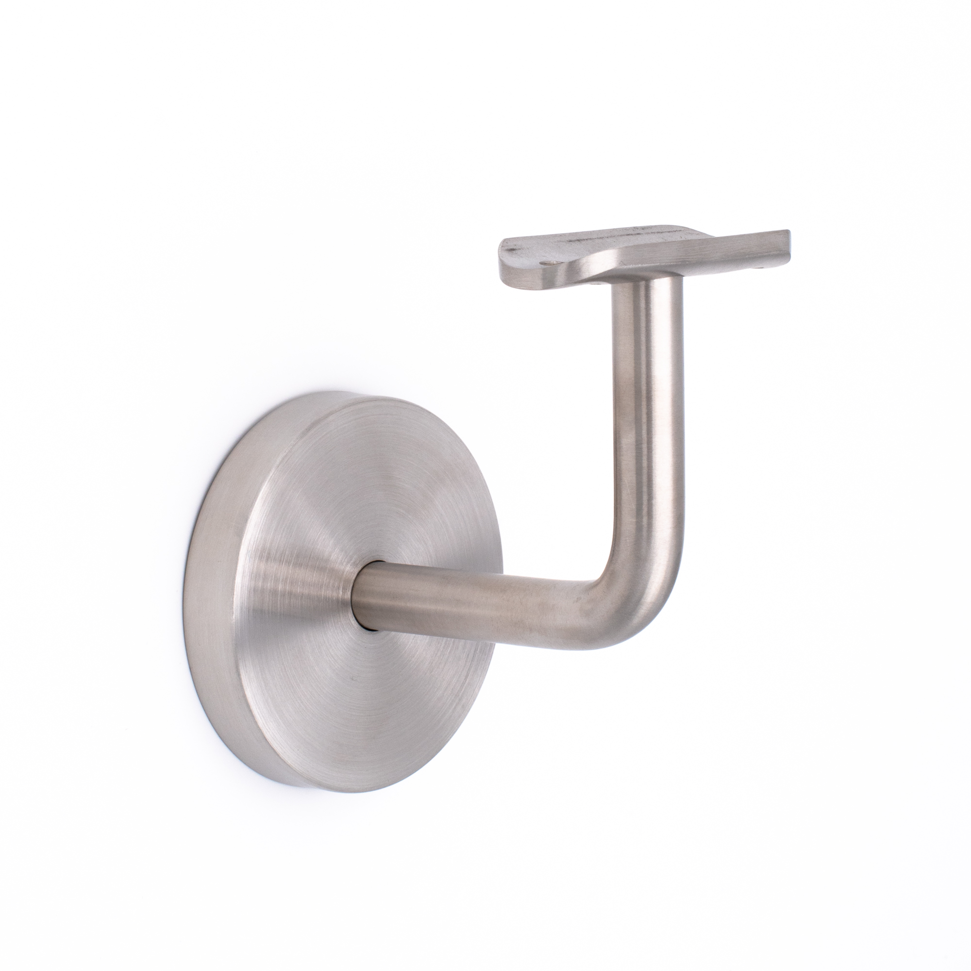 Support de main courante modèle 02 inox à plaque d'appui bombée, support mural à rosace ronde et bras coudé